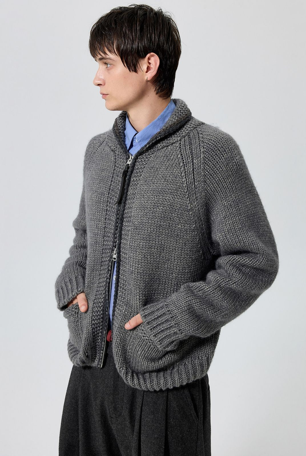 Simple Project Wool Blend Cowichan Zip Sweater in Gray - On Male Model
