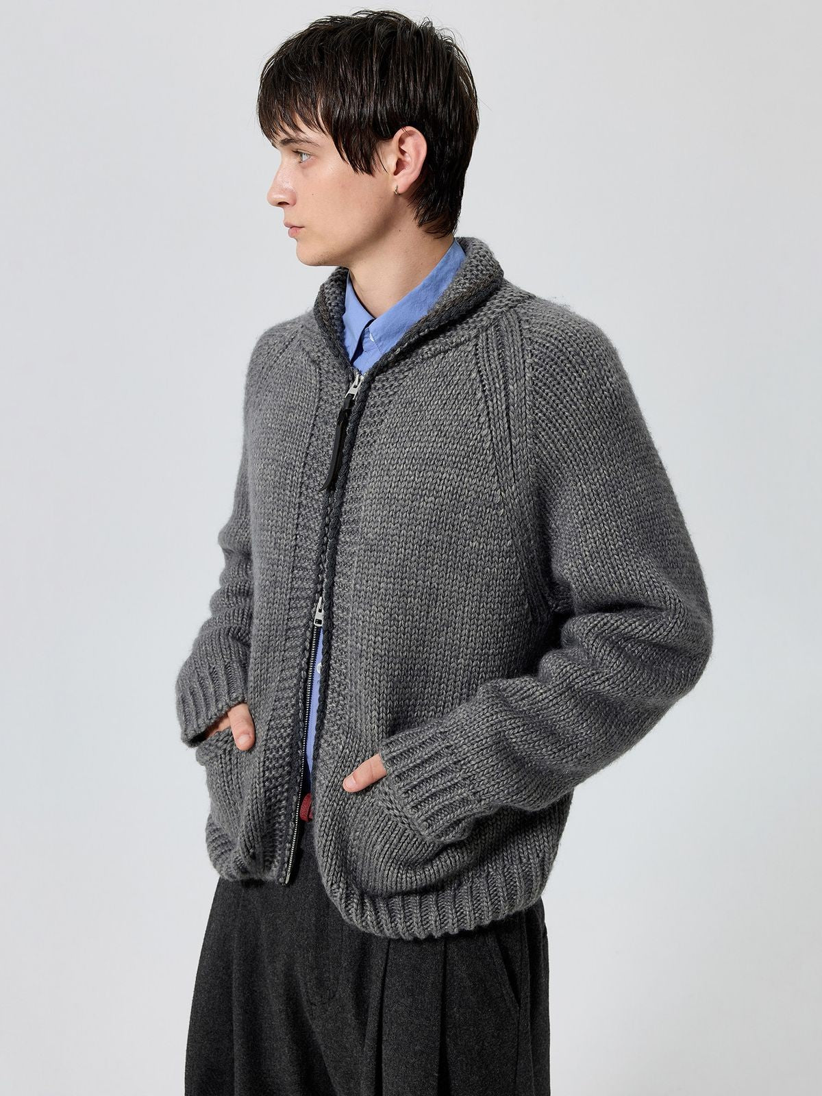 Simple Project Wool Blend Cowichan Zip Sweater in Gray - On Male Model