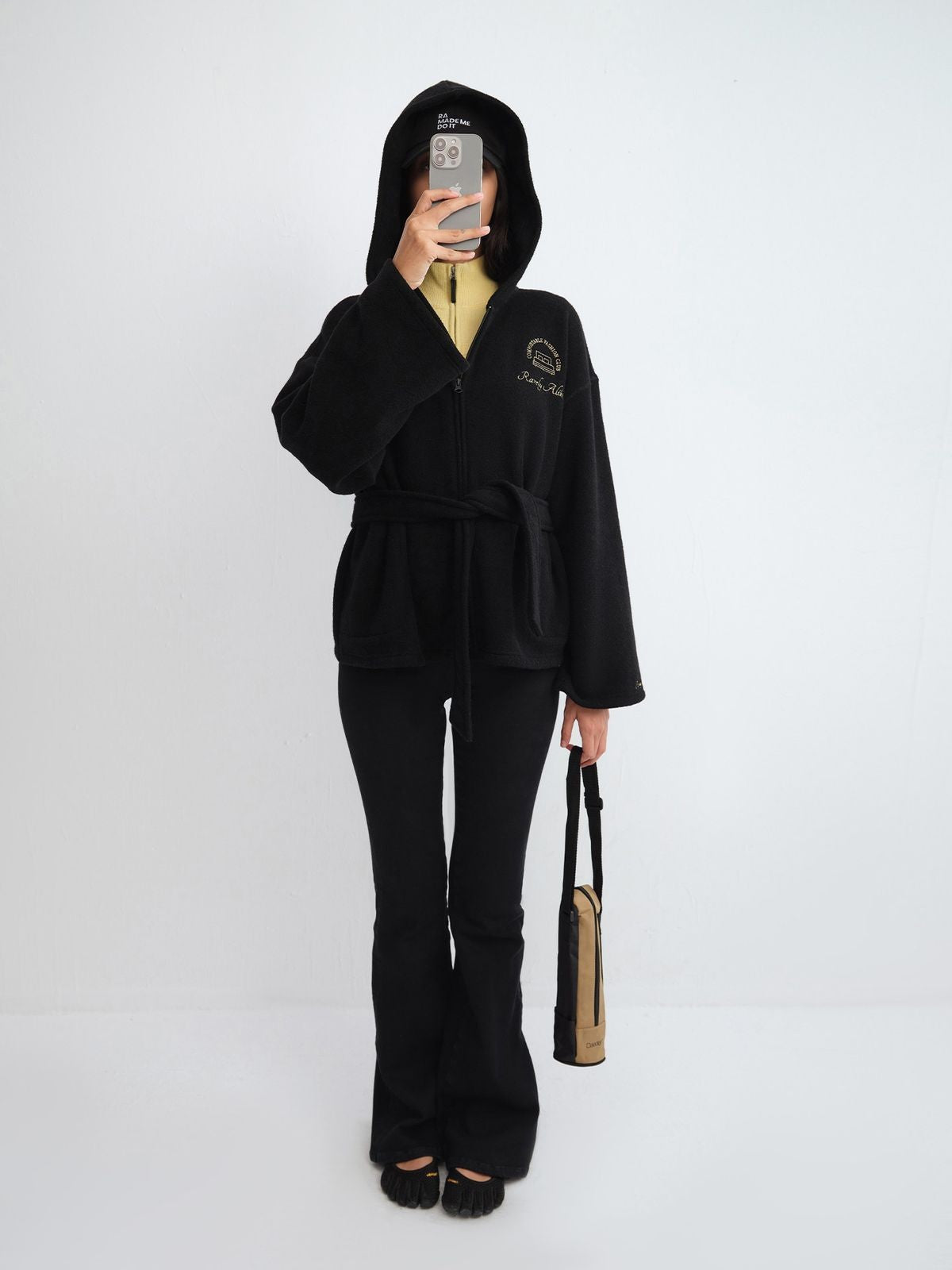 RARELY ALIKE Embroidered Hooded Robe Coat in Black - On Model