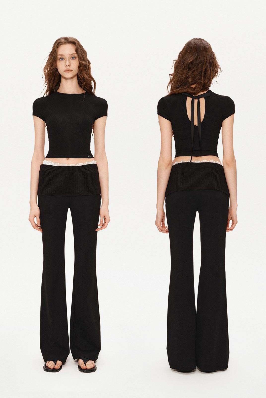 PUKI Ribbed Waist Micro Flare Pants in Black - On Model