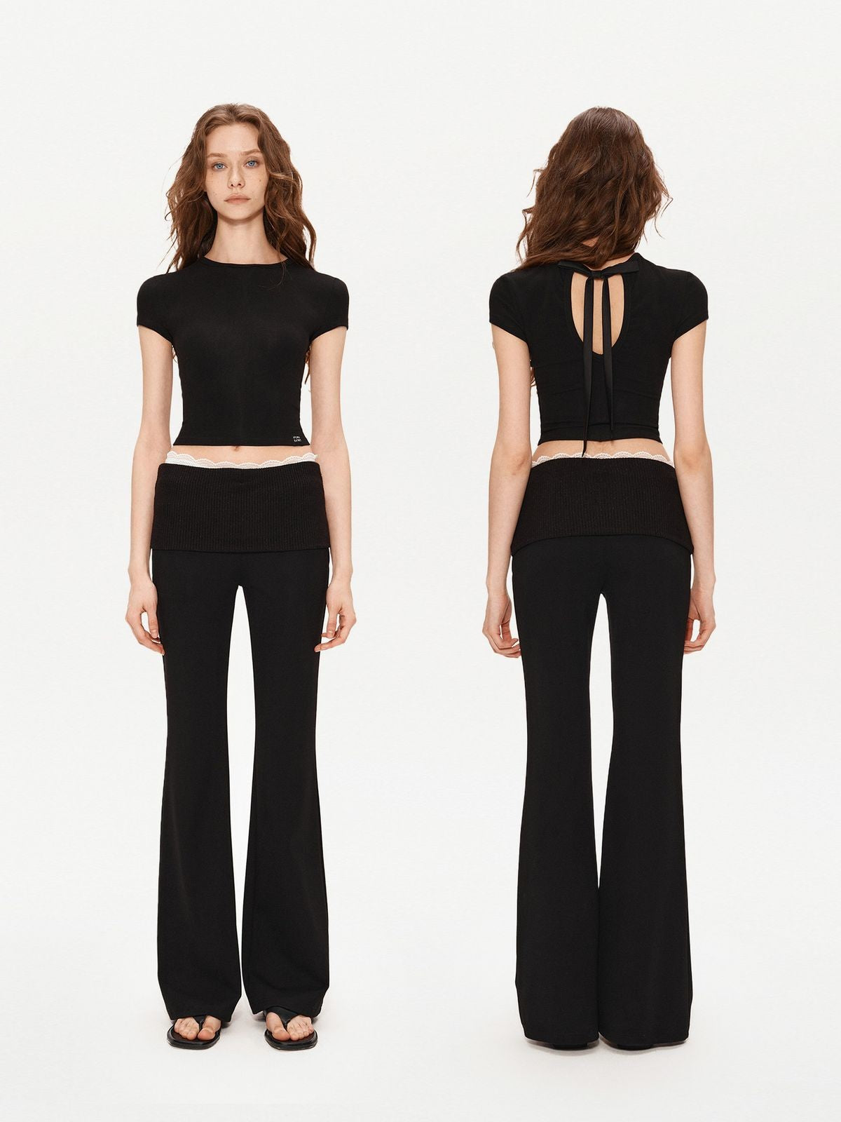 PUKI Ribbed Waist Micro Flare Pants in Black - On Model