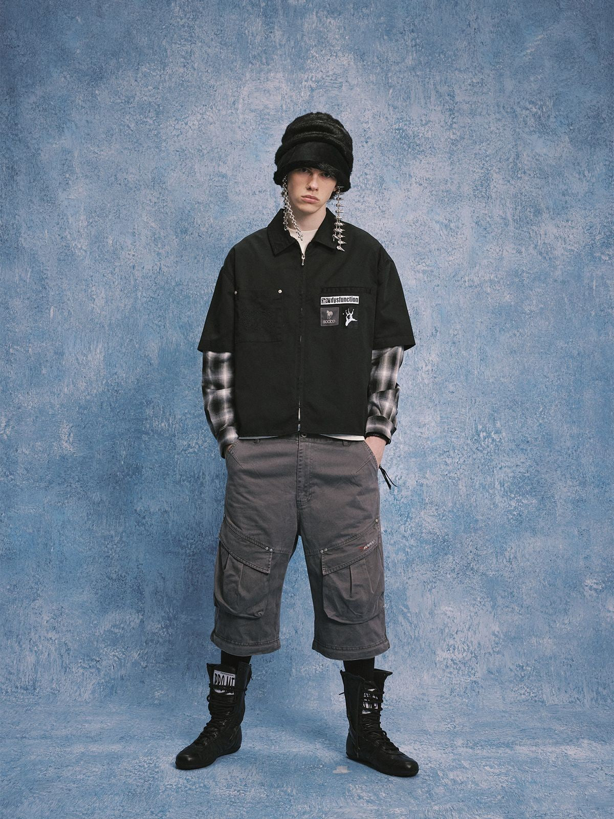 SOD Online Store Layered Sleeve Zip Up Shirt Jacket in Black - On Model