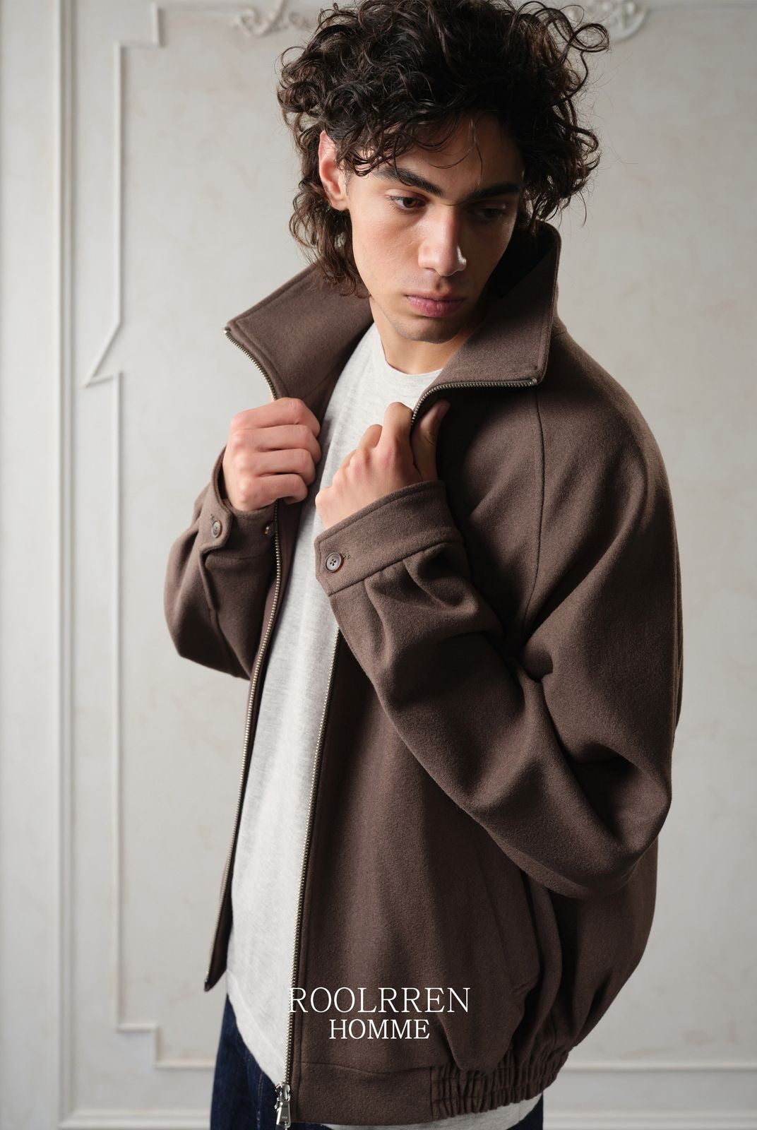 Roolrren Homme Melton Wool Blend Zip Blouson in Brown - On Model