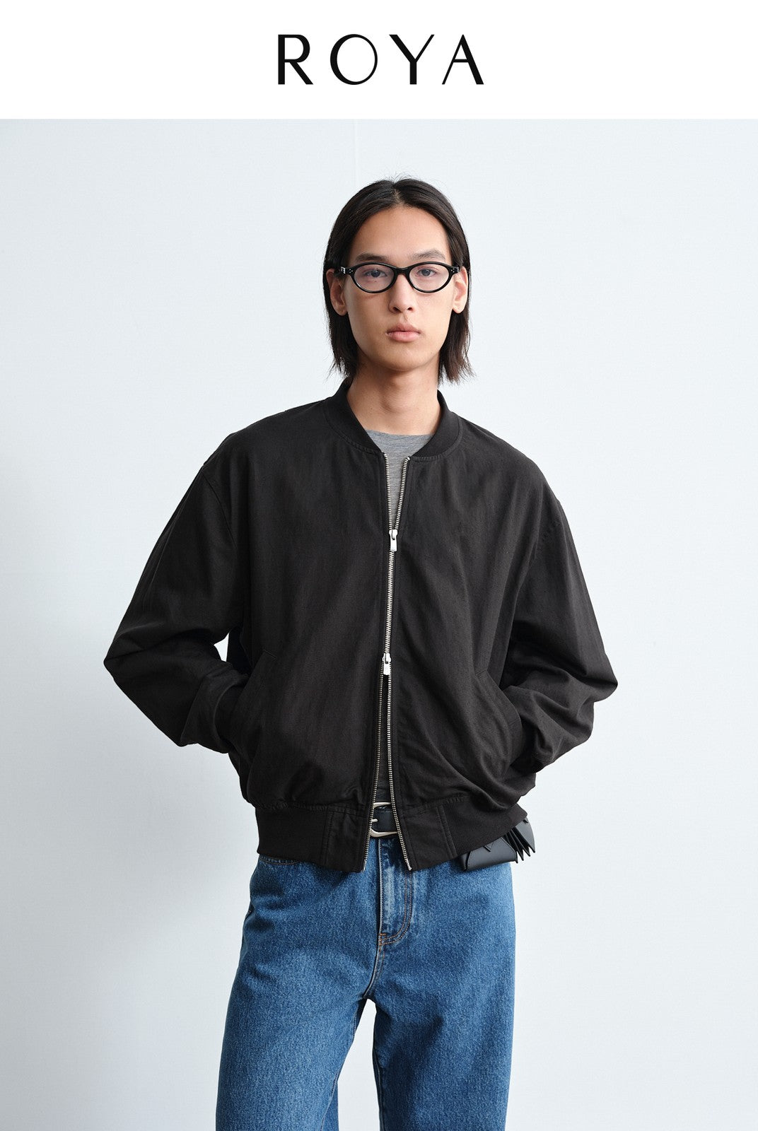 ROYA Linen Wool Curved Sleeve Bomber in Black - On Model
