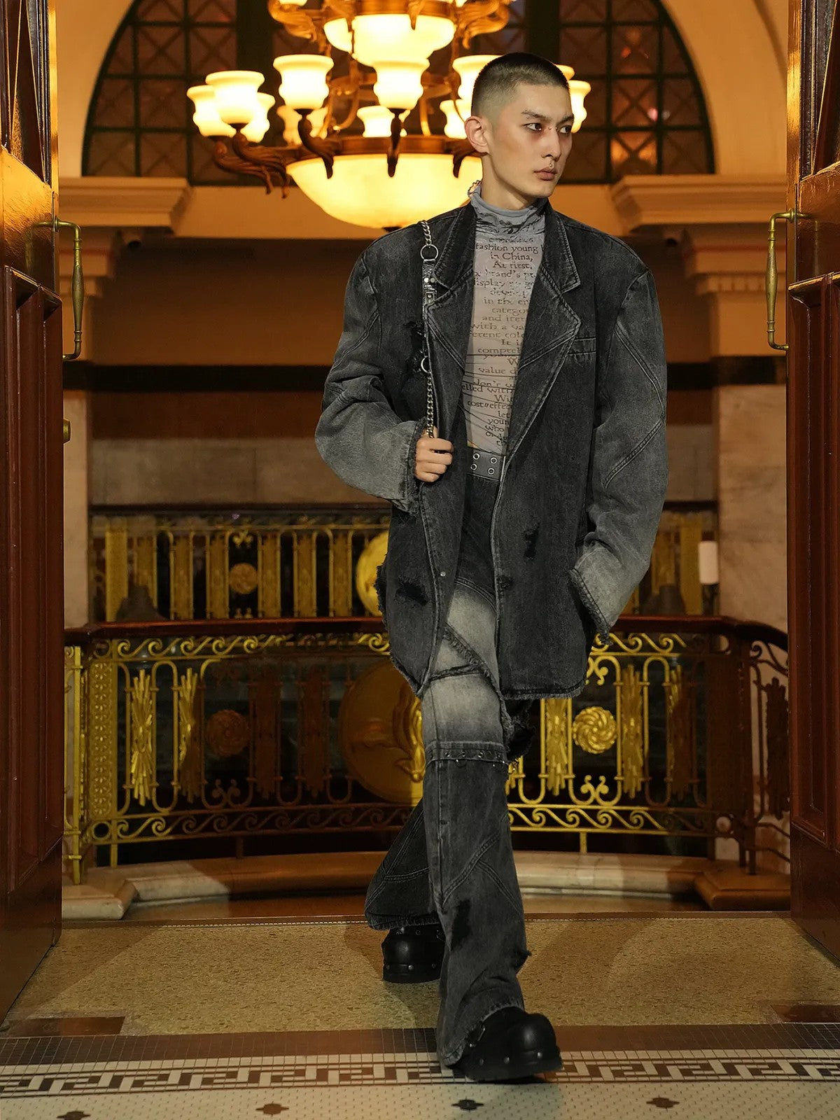 MASONPRINCE Deconstructed Distressed Denim Blazer in Gray #color_gray