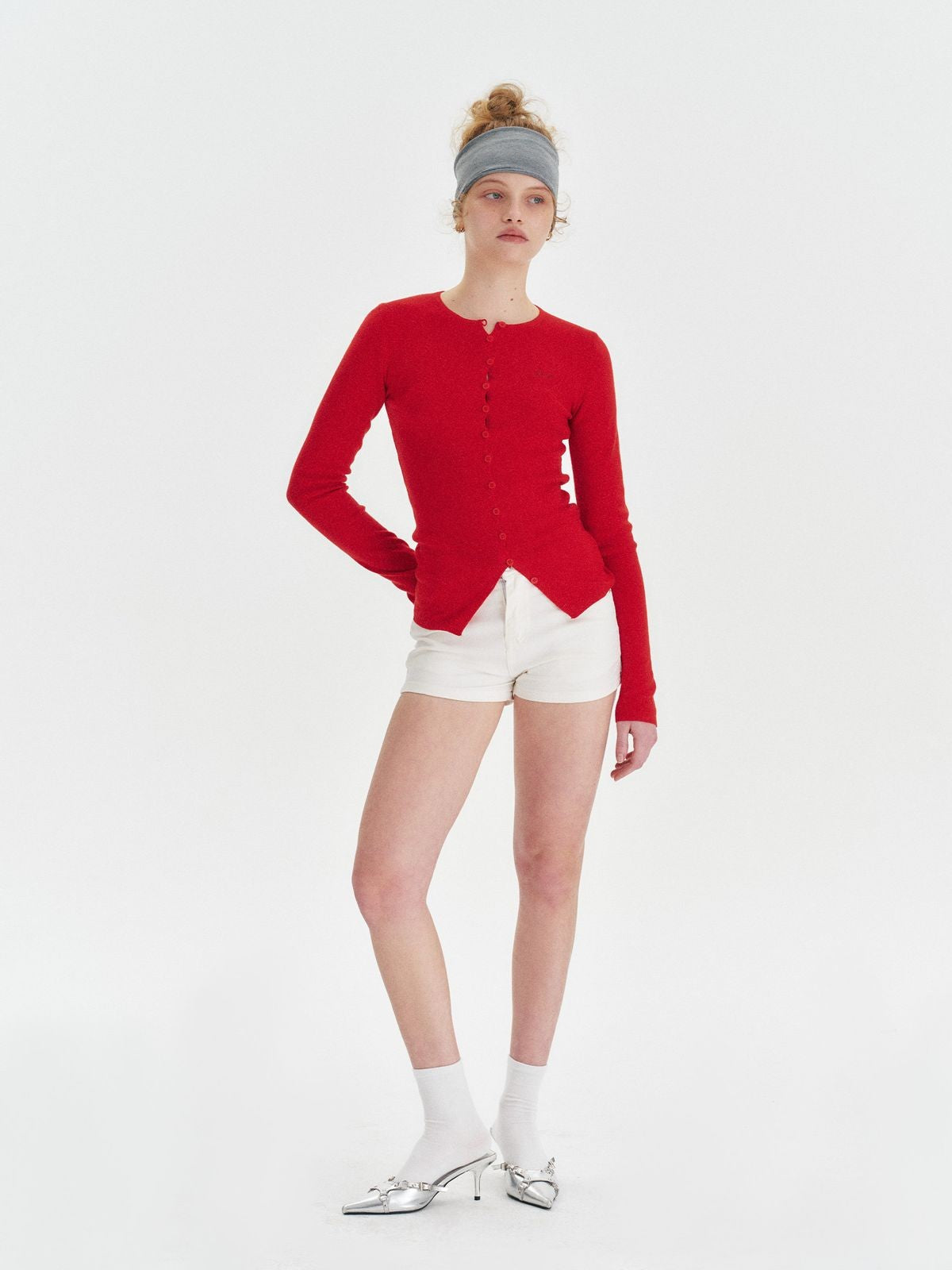 Amee Red Wool Blend Knit Cardigan in Red - On Model