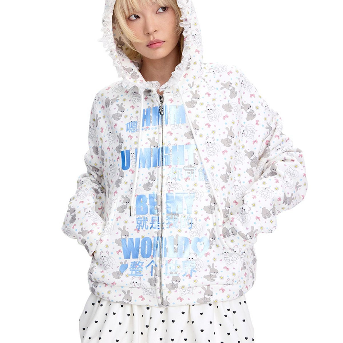 CFIERCE Cat Rabbit Print Lace Trim Hoodie in White - On Female Model