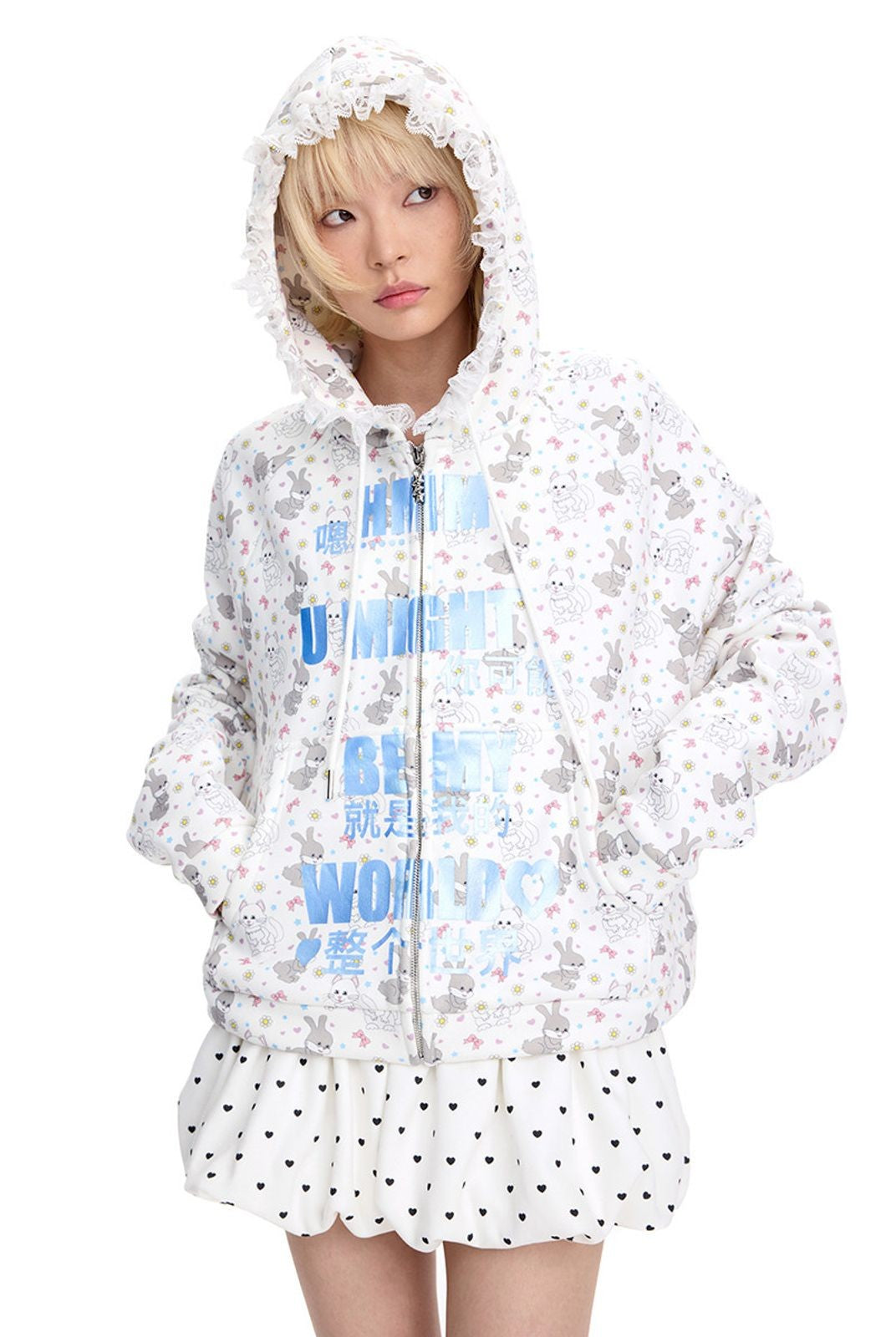 CFIERCE Cat Rabbit Print Lace Trim Hoodie in White - On Female Model