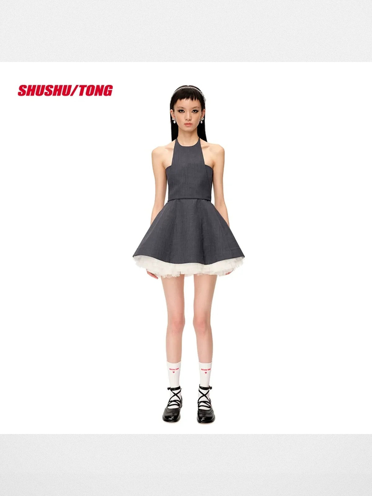 SHUSHUTONG Wool Blend Halter Dress Set in Gray - On Model