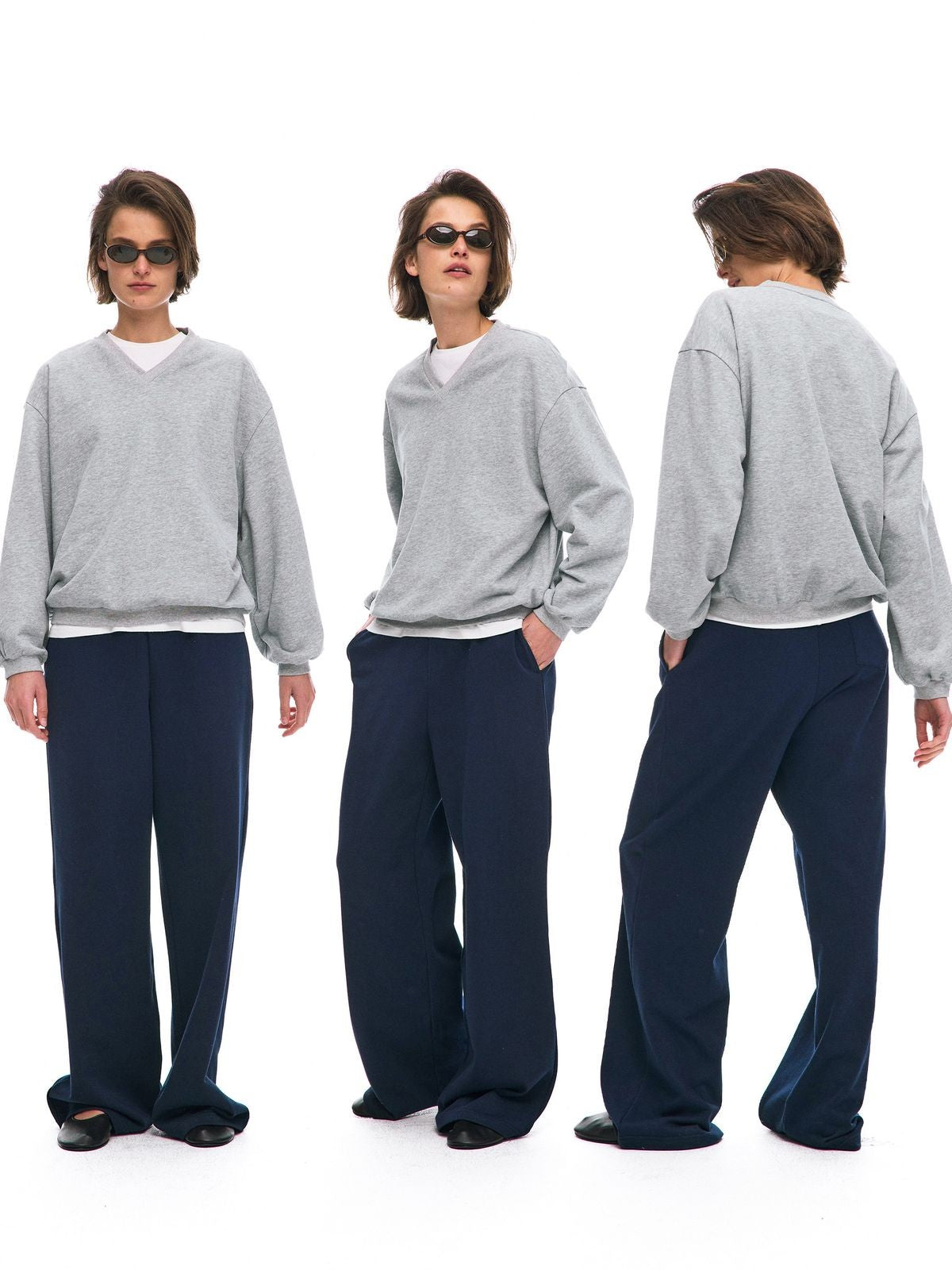 Alright then Wide Leg Cotton Blend Sweatpants in Navy Blue - On Model