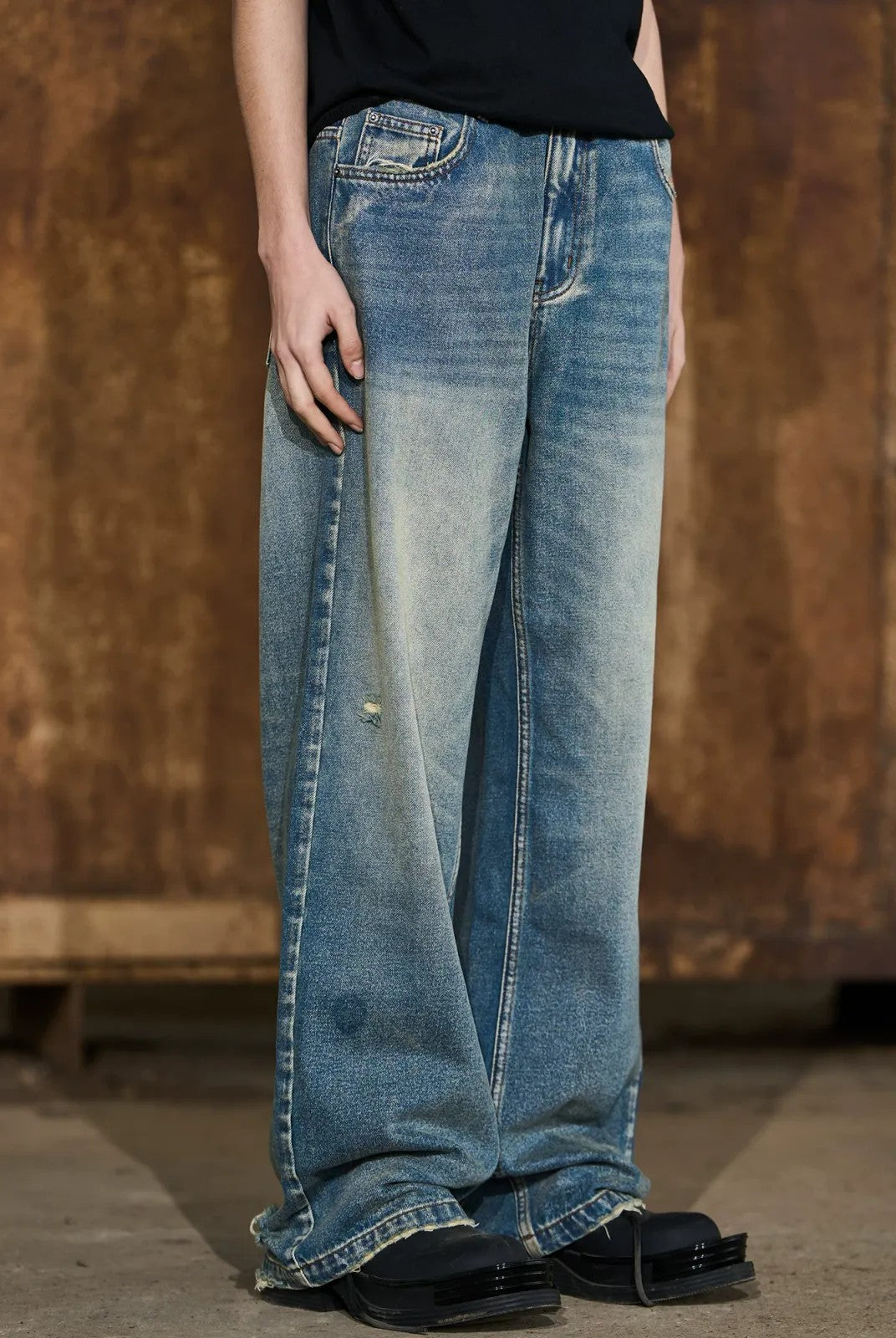 BLINDNOPLAN Distressed Washed Straight Leg Jeans in Blue - On Model