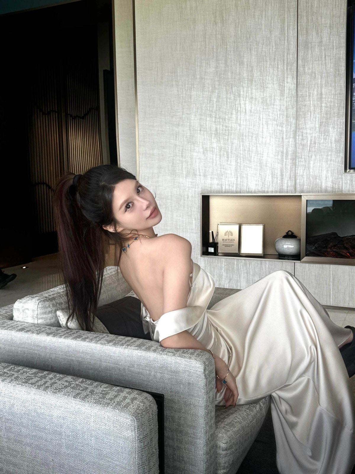 1S STUDIO Acetate Satin Strapless Dress in White - Lifestyle