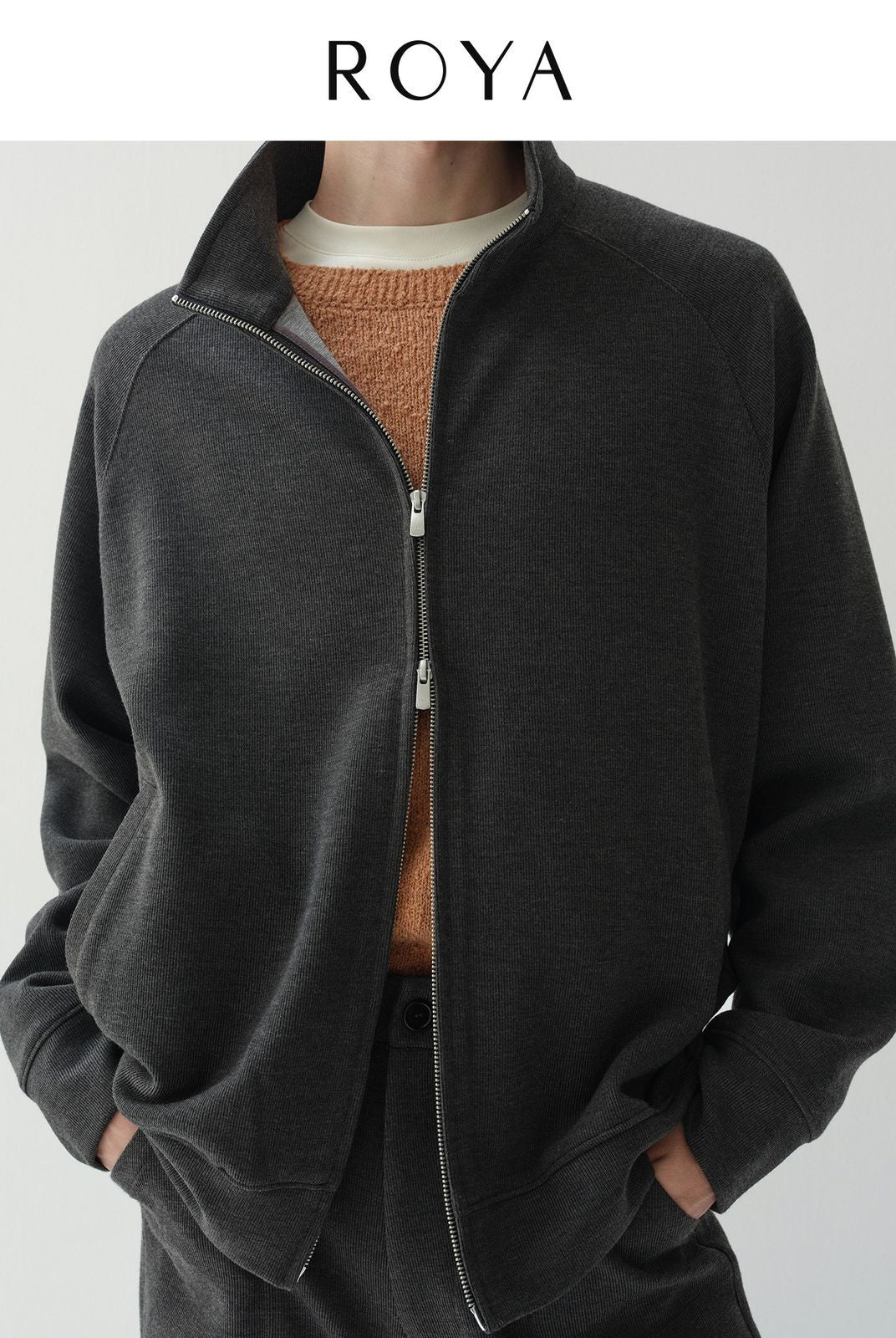 ROYA Wool Blend Zip Up Cardigan in Gray - On Model