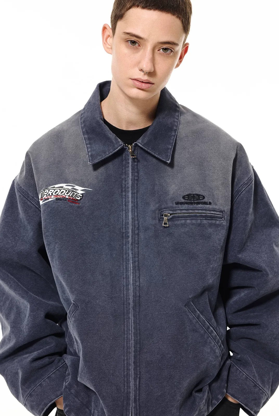 UNKNOWNWORLD Sun Faded Canvas Racing Jacket in Denim - On Model