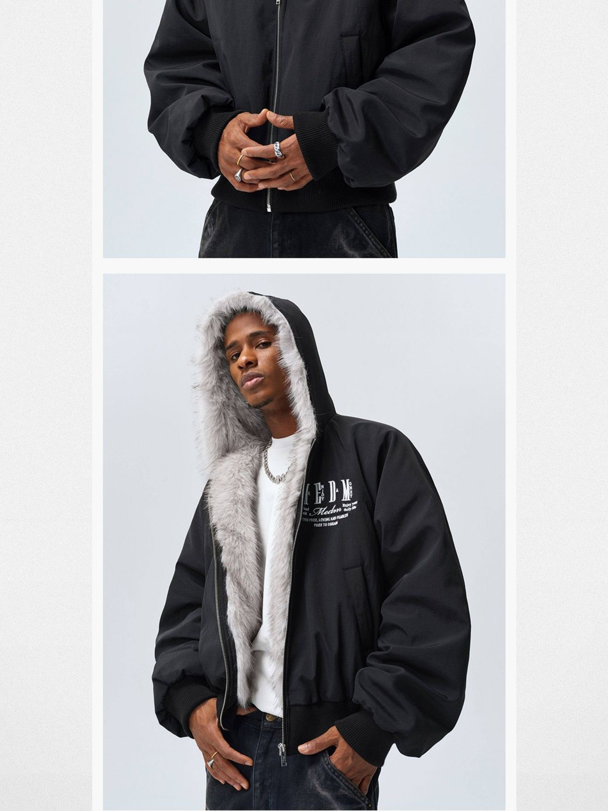 MEDM Faux Fur Trim Padded Jacket in Black - On Male Model