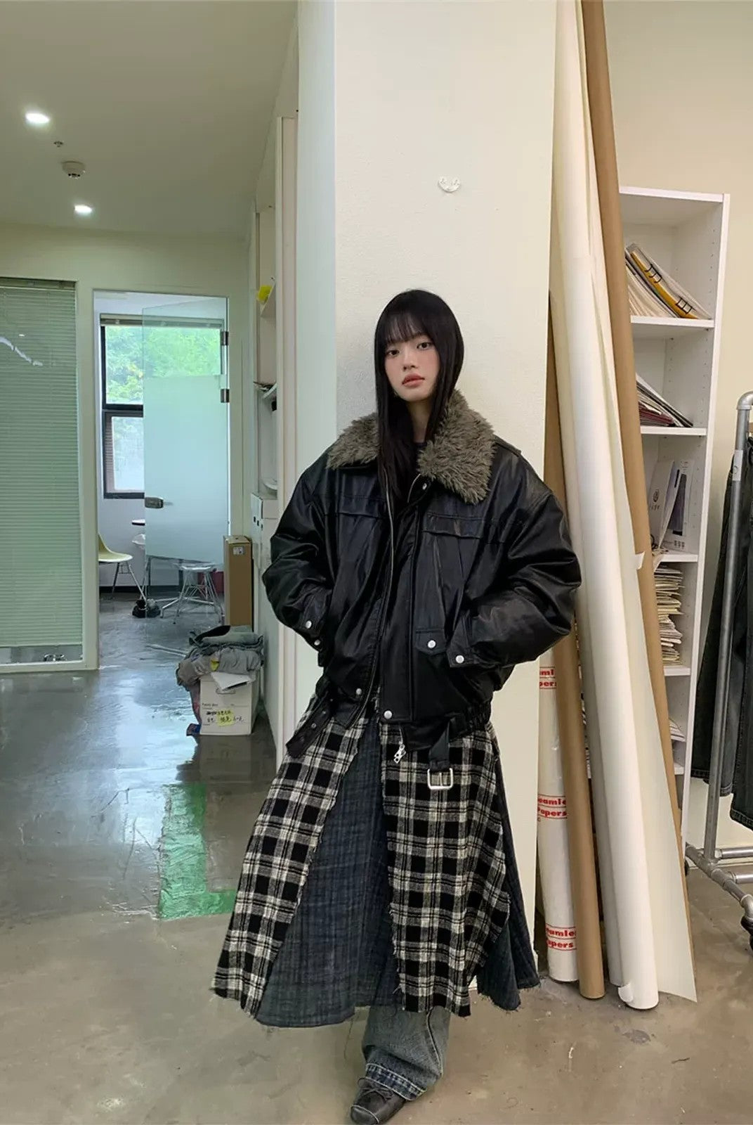 NeverSeez Spliced Plaid Linen Maxi Skirt in Black - On Model