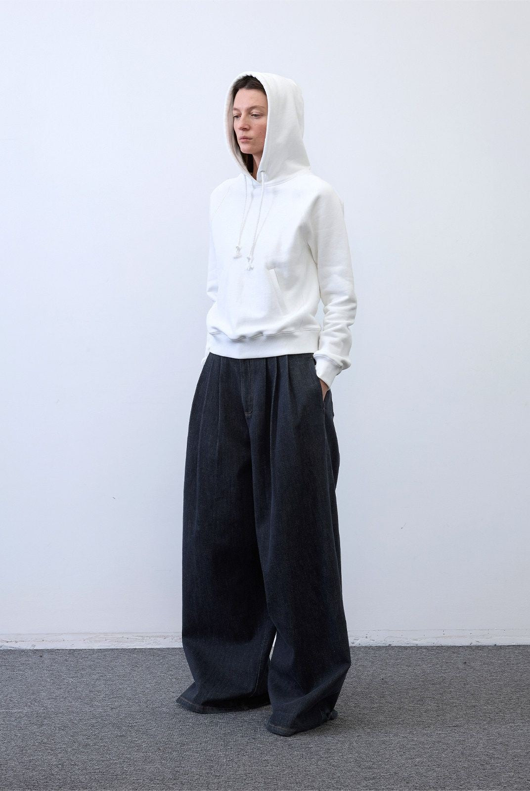 RandomPiece Cropped Cotton Lyocell Hoodie in White - On Model