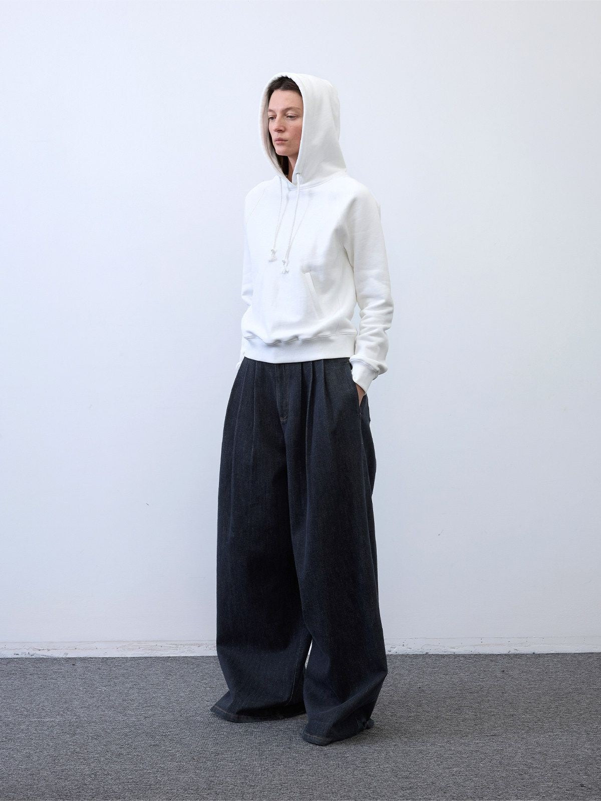 RandomPiece Cropped Cotton Lyocell Hoodie in White - On Model