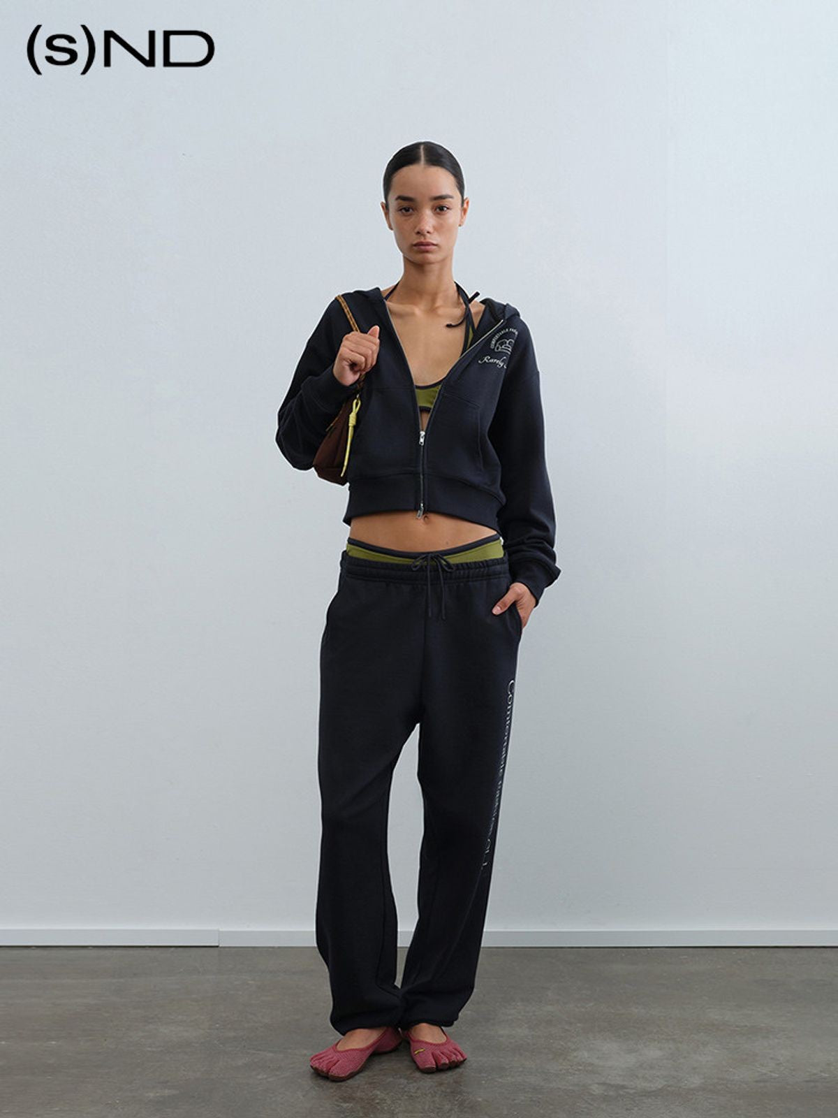 RARELY ALIKE Logo Print Zip Up Hoodie in Navy Blue - On Model