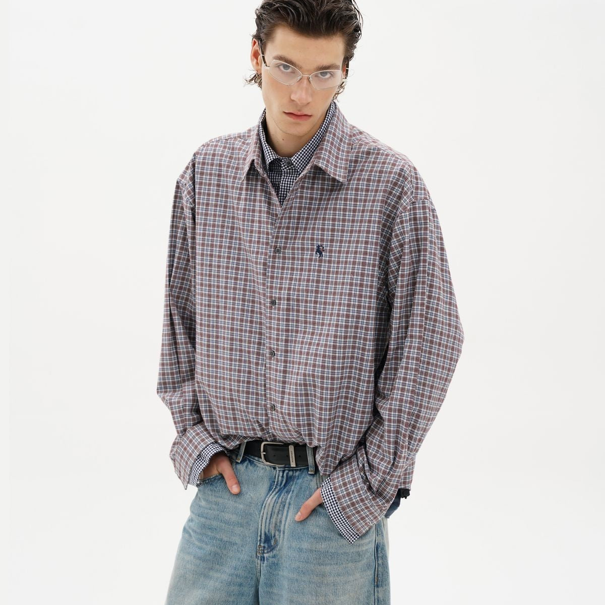 MASONPRINCE Layered Plaid Cotton Blend Shirt in Burgundy - On Model #color_burgundy