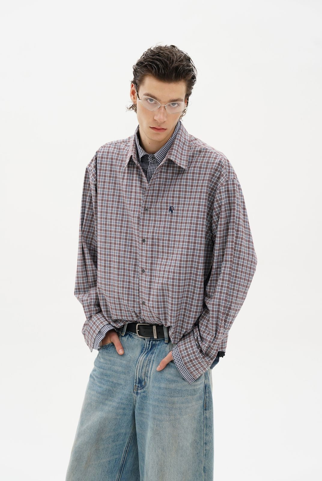 MASONPRINCE Layered Plaid Cotton Blend Shirt in Burgundy - On Model #color_burgundy