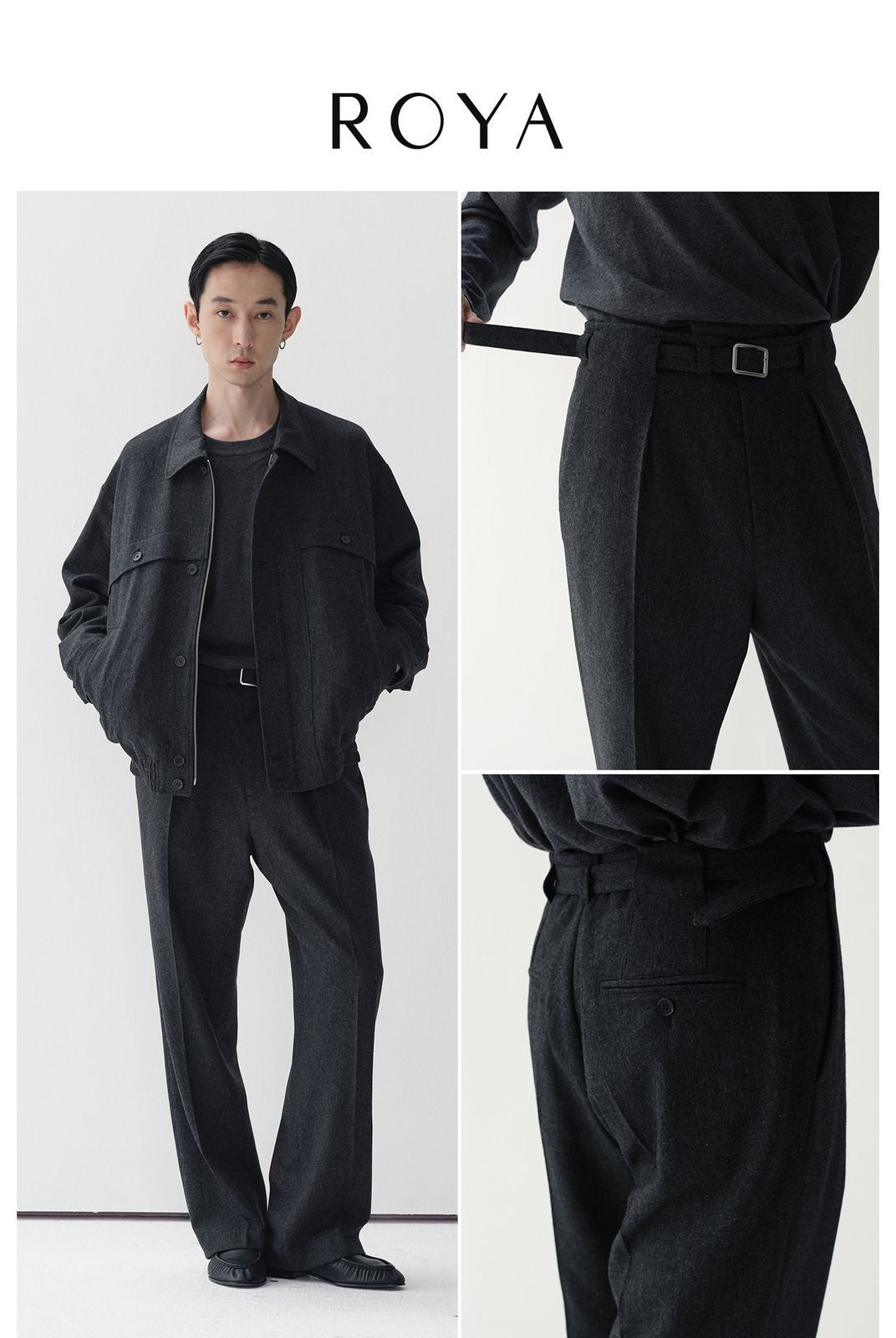 ROYA Belted Double Pleated Wool Trousers in Gray - On Male Model