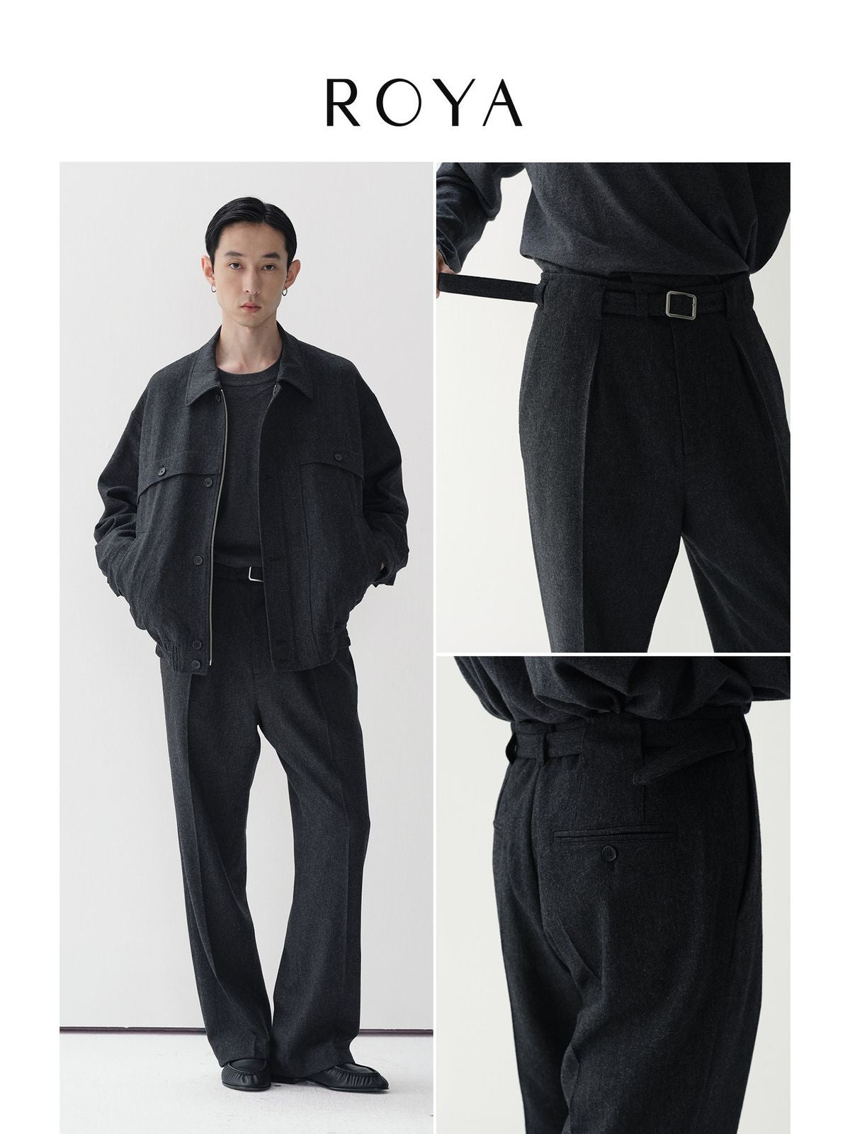 ROYA Belted Double Pleated Wool Trousers in Gray - On Male Model