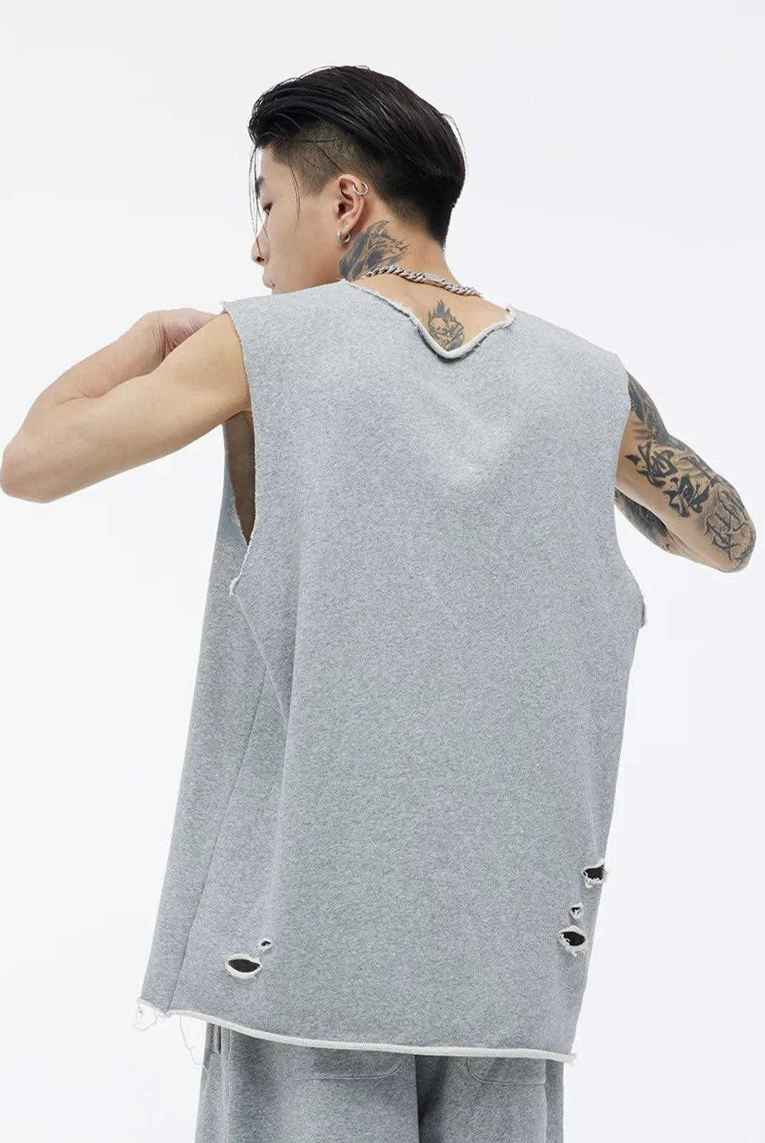 LOSTCTRL Distressed Raw Edge Tank Top in Gray