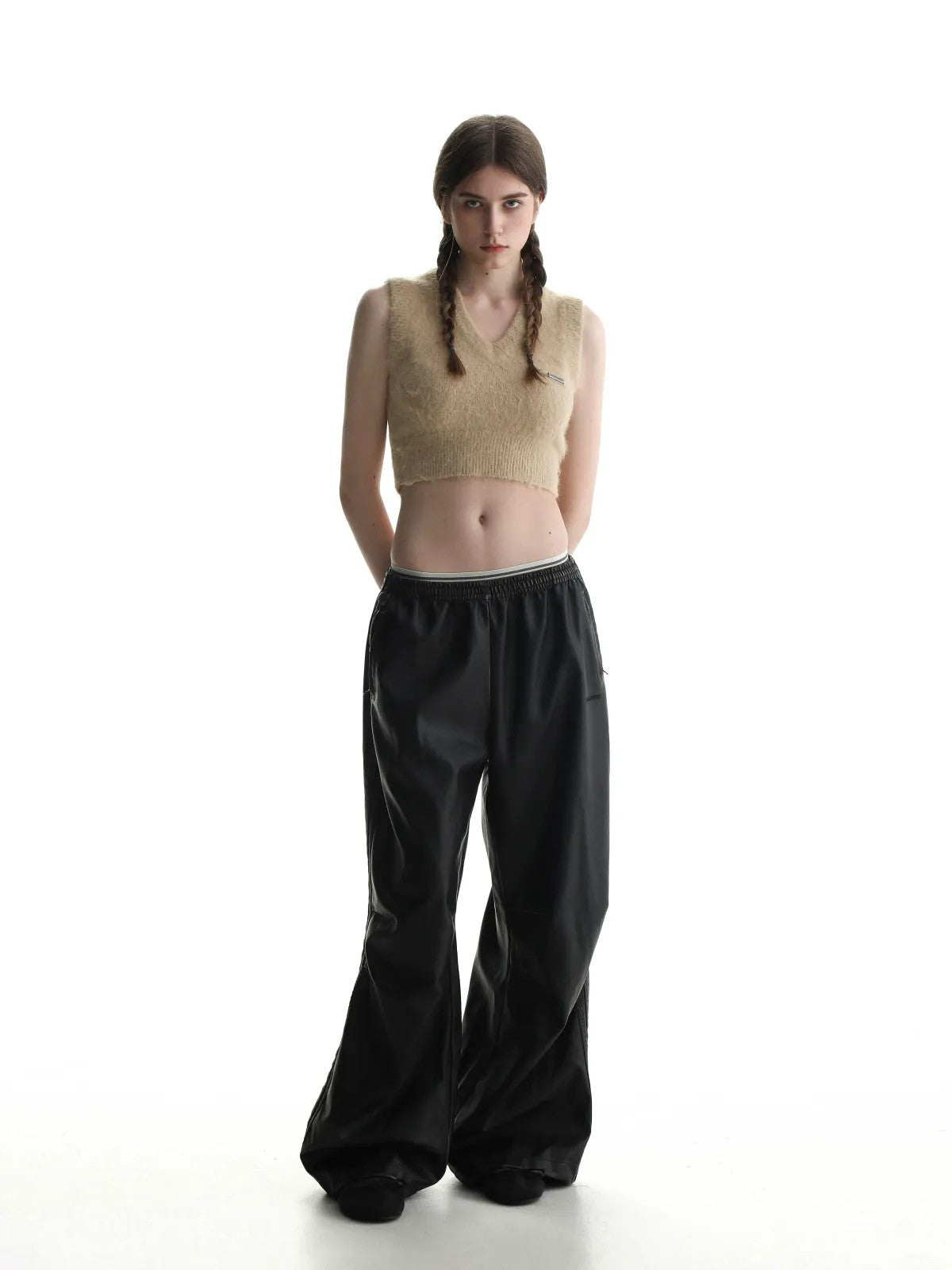 MASONPRINCE Mohair Blend V Neck Vest in Beige - On Model