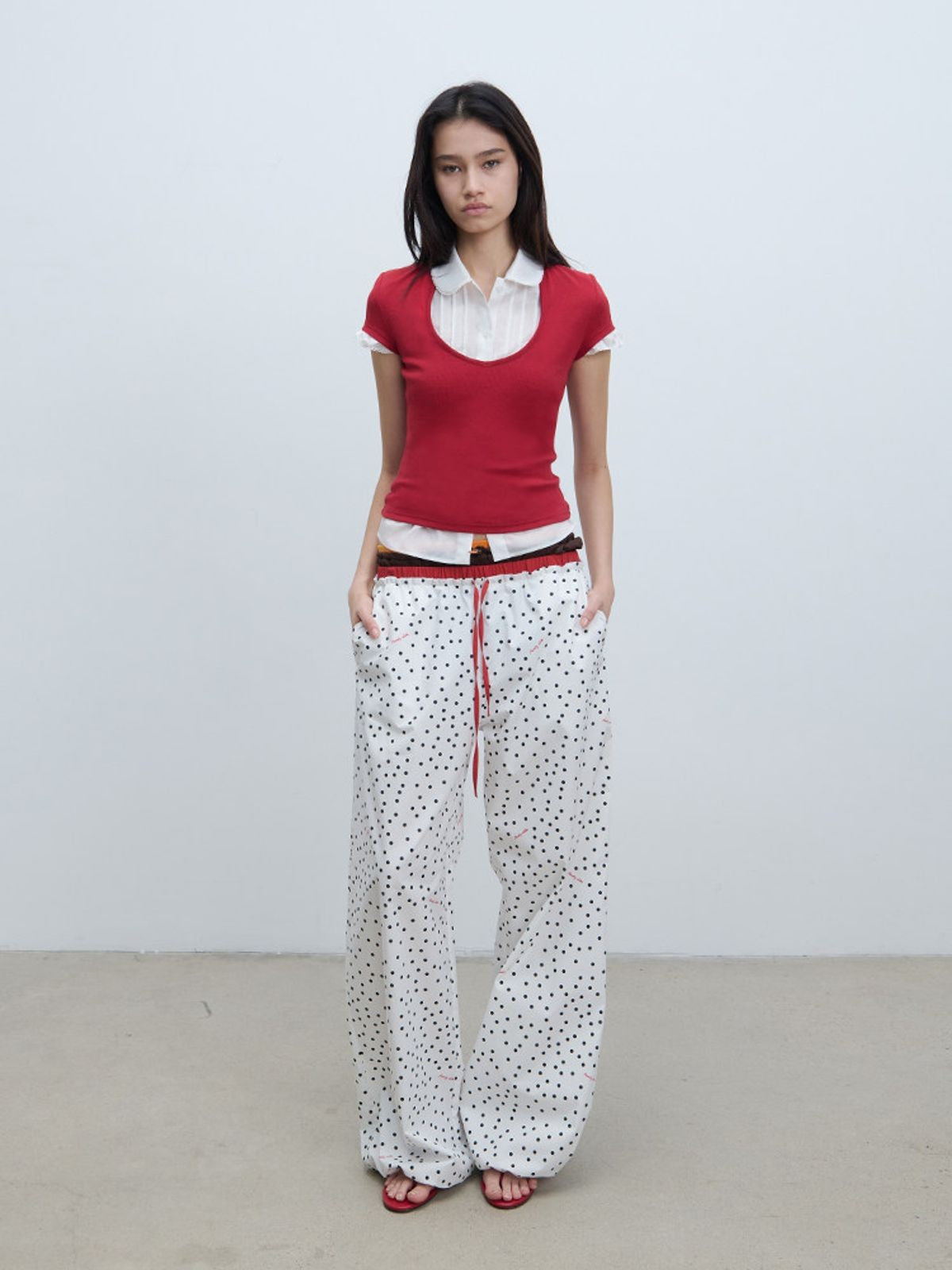 RARELY ALIKE Cup Neck Fitted T Shirt in Red - On Model