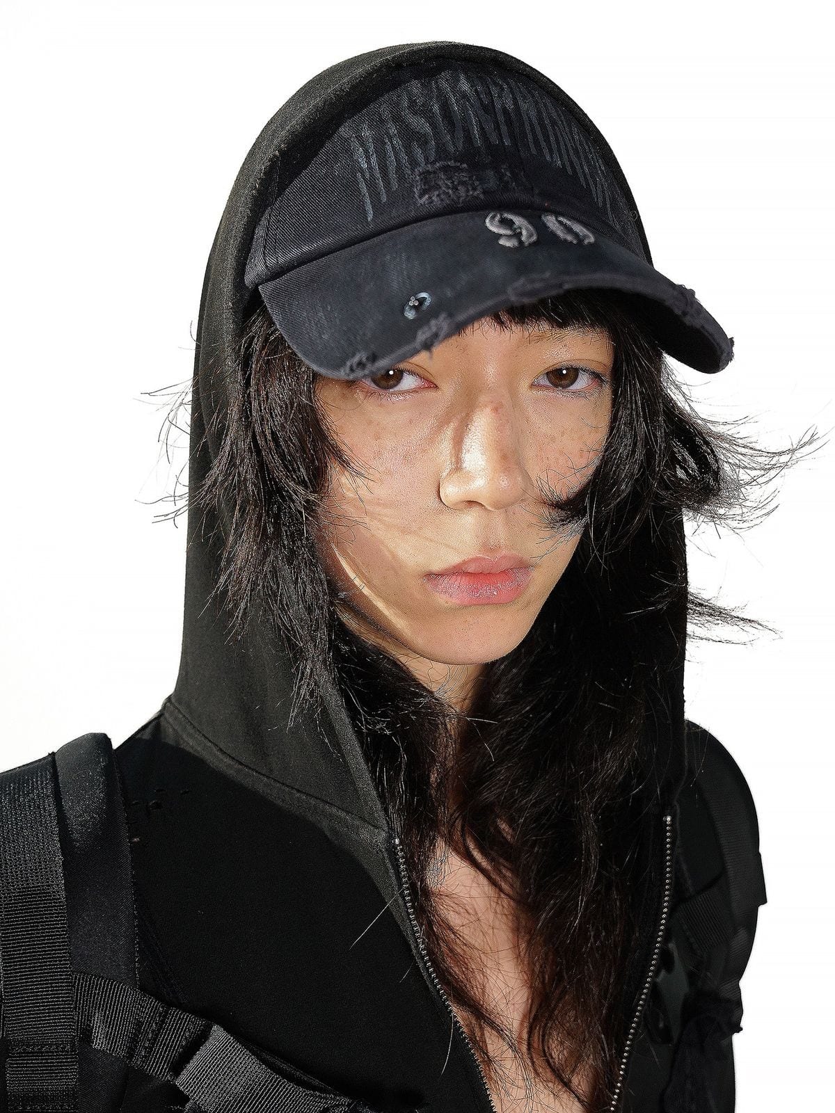 MasonPrince Distressed Metal Accent Baseball Cap in Black - On Female Model