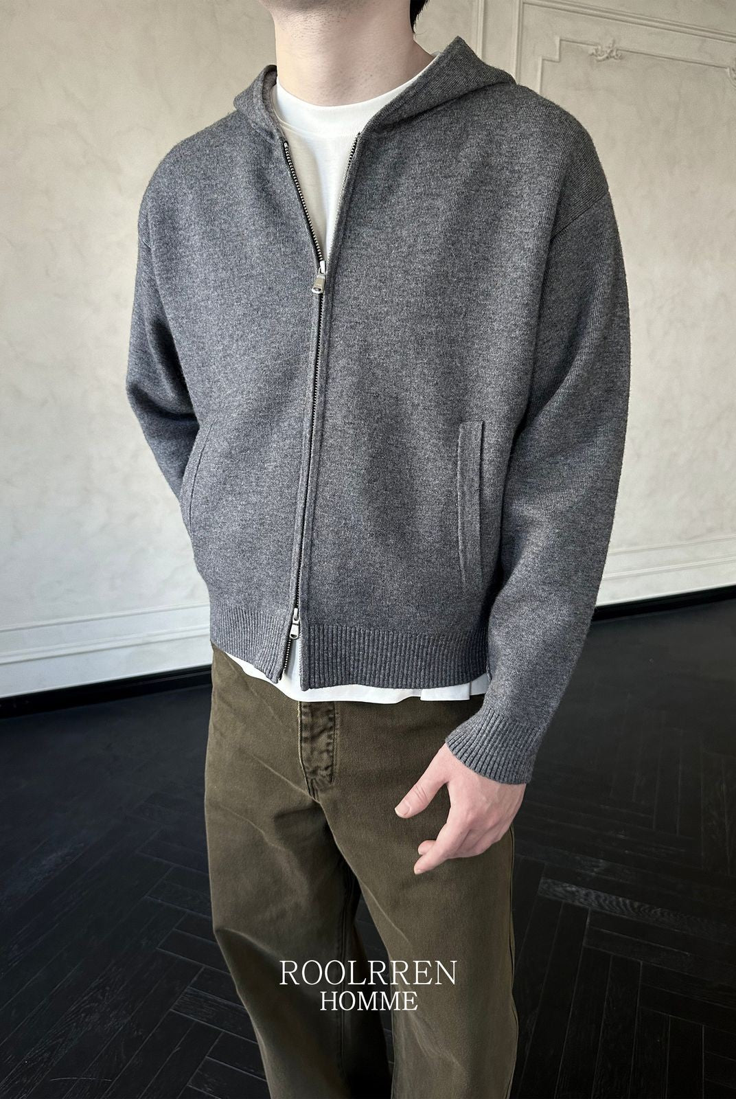 Roolrren Homme Wool Cashmere Zip Up Hoodie in Gray - On Model