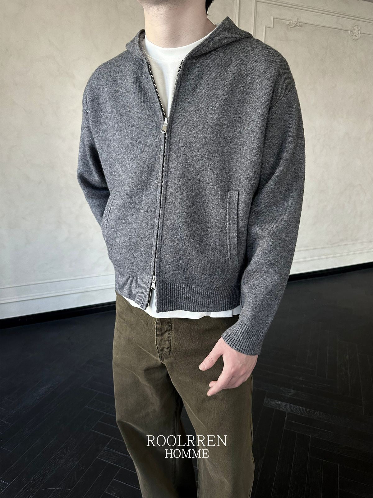 Roolrren Homme Wool Cashmere Zip Up Hoodie in Gray - On Model