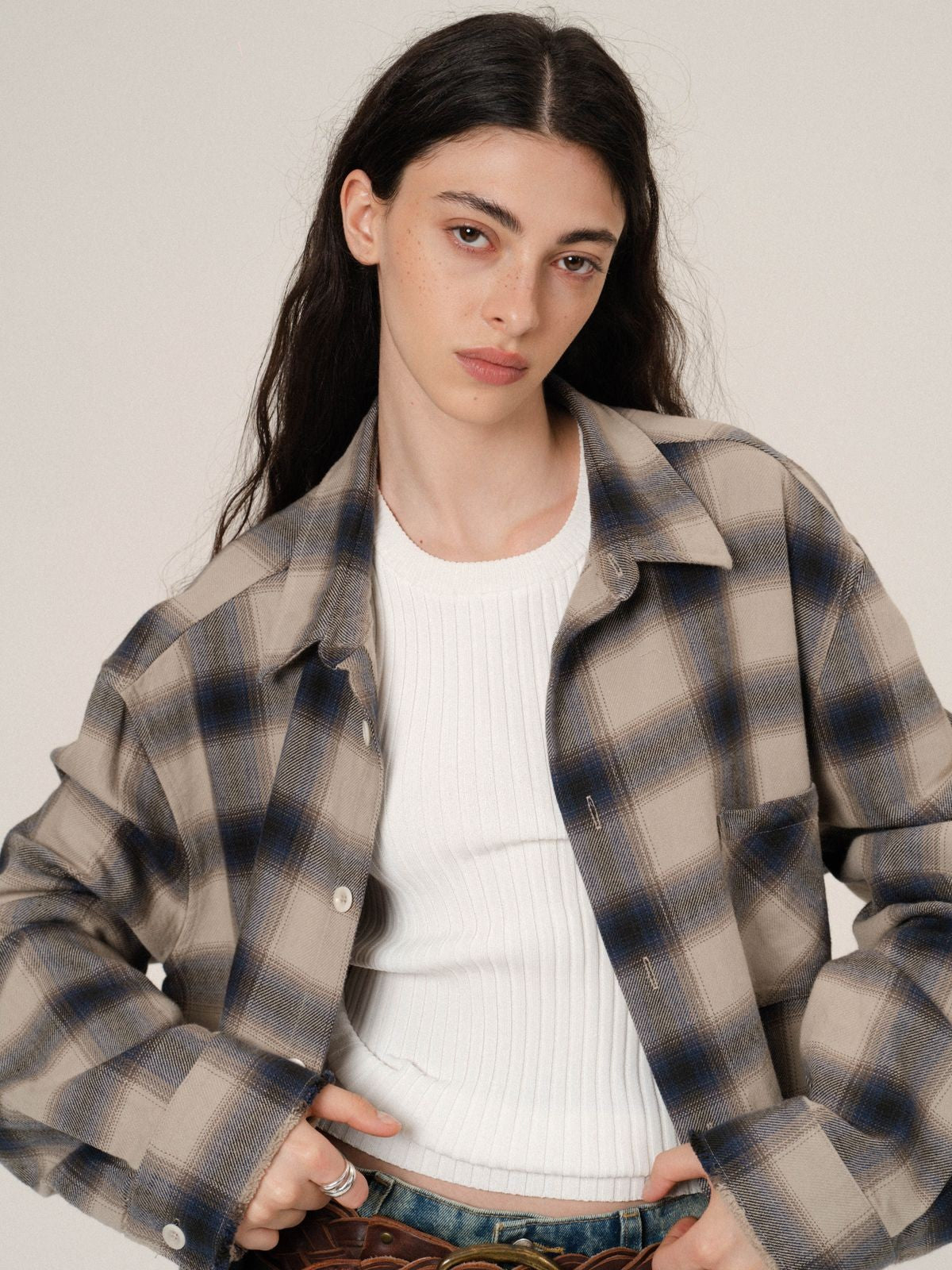 Retro 21 Japanese Flannel Raw Hem Plaid Shirt in Khaki - On Female Model