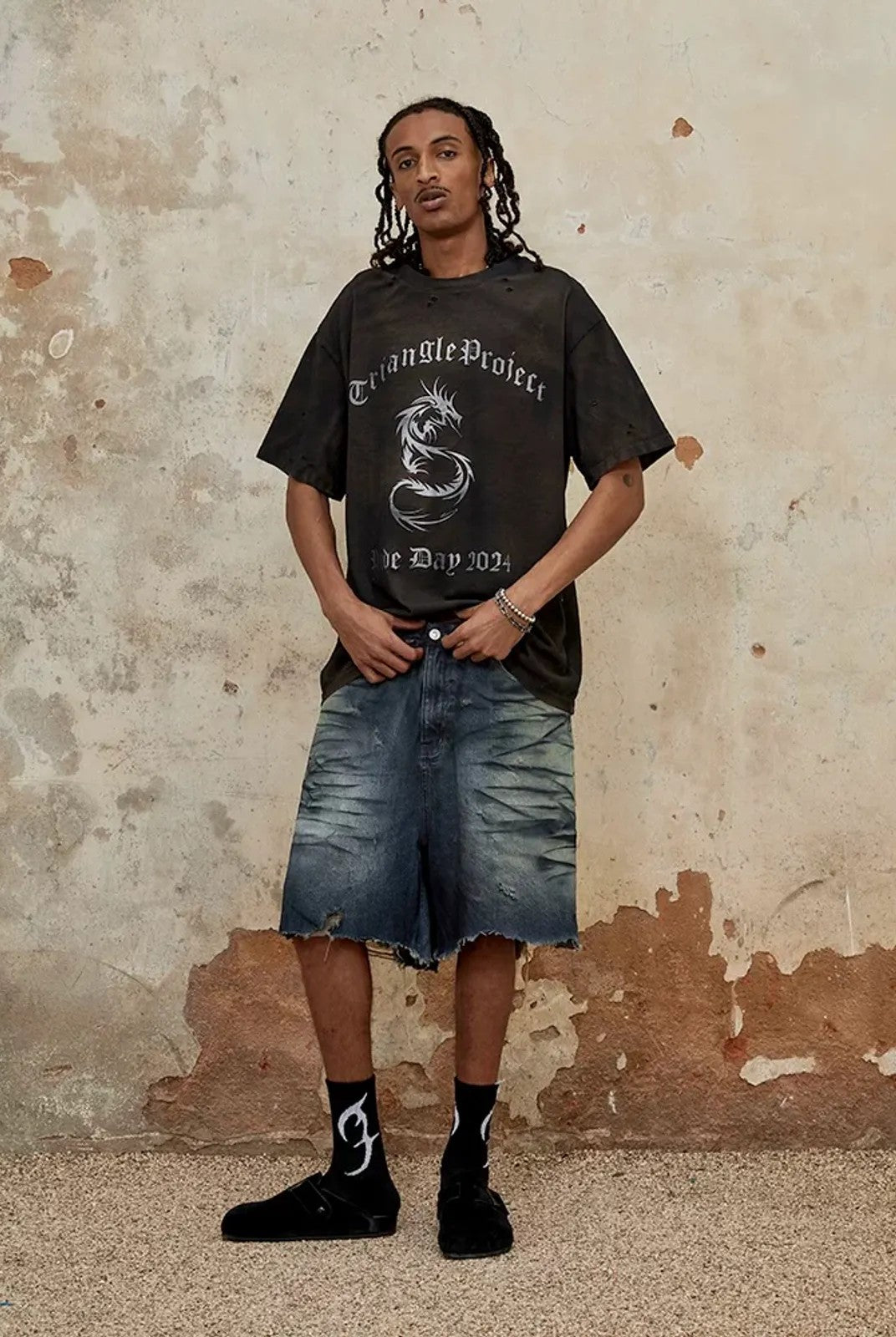 TRIANGLE PROJECT Deconstructed Distressed Denim Shorts in Blue - On Model