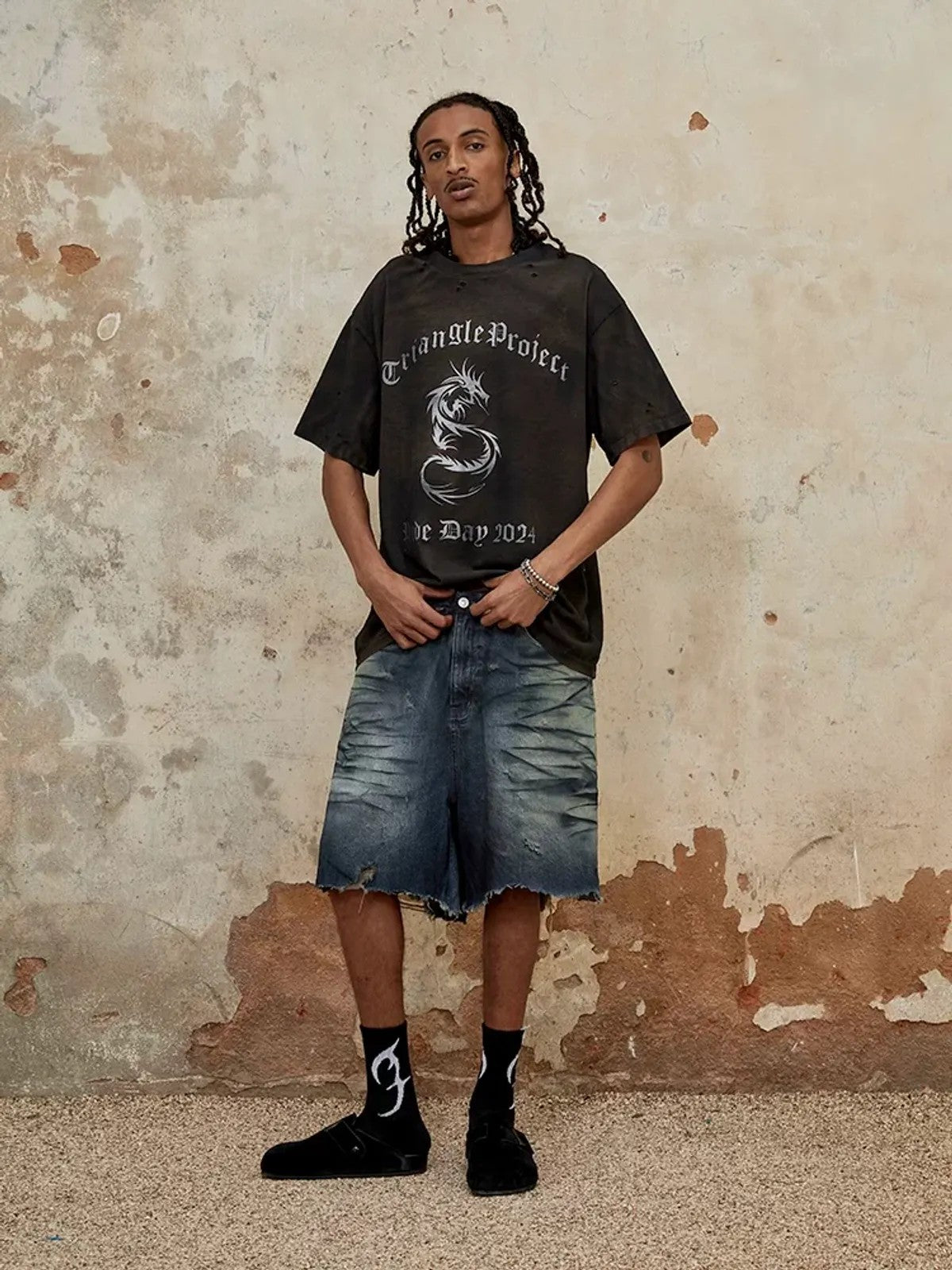 TRIANGLE PROJECT Deconstructed Distressed Denim Shorts in Blue - On Model