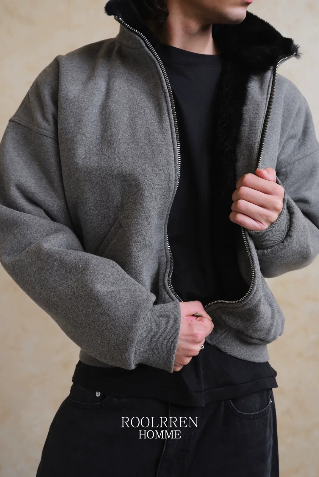 Roolrren Homme Heavyweight Rabbit Fur Zip Hoodie in Gray