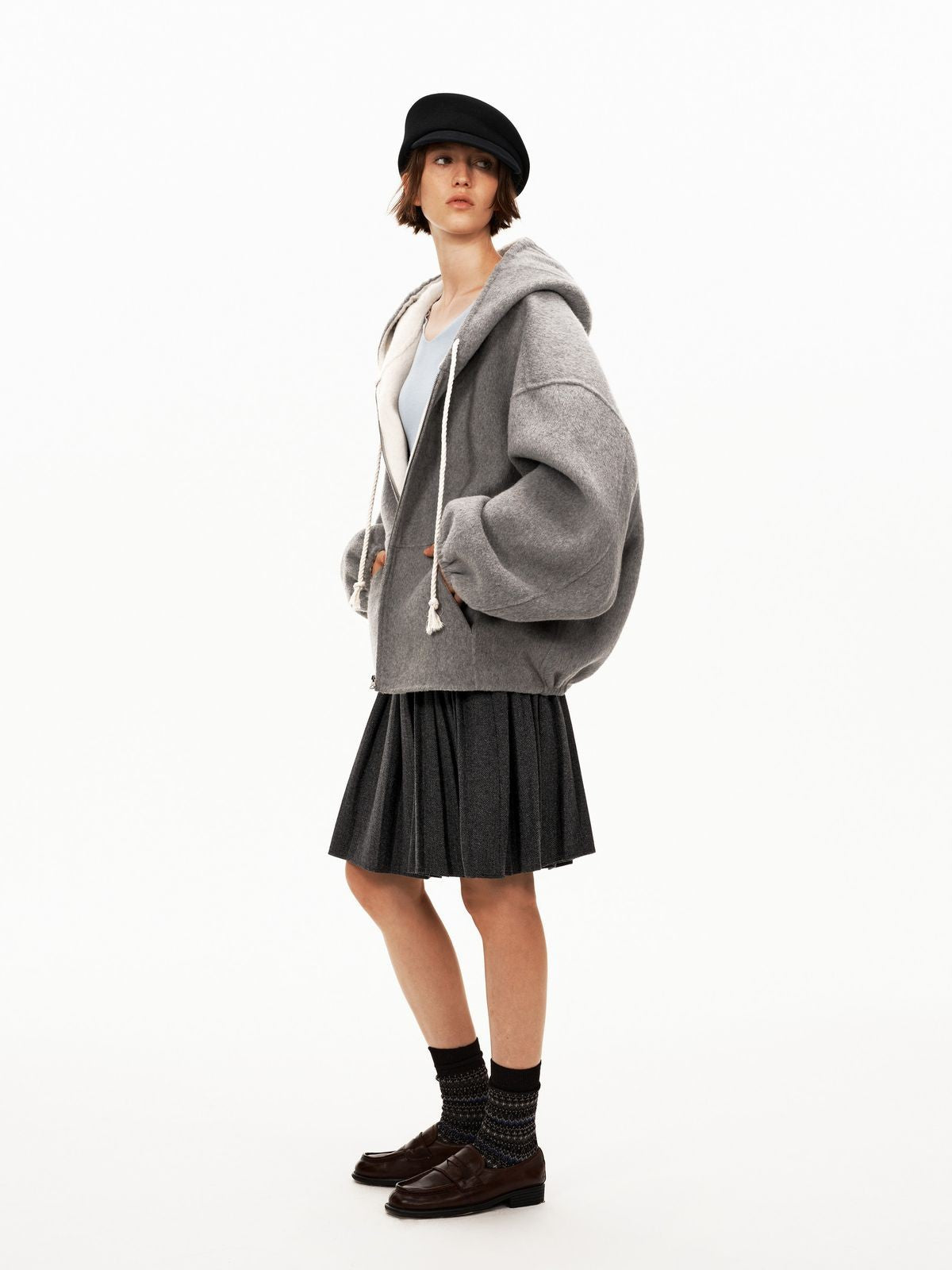 PUKI Double Faced Wool Hooded Jacket in Gray - On Model