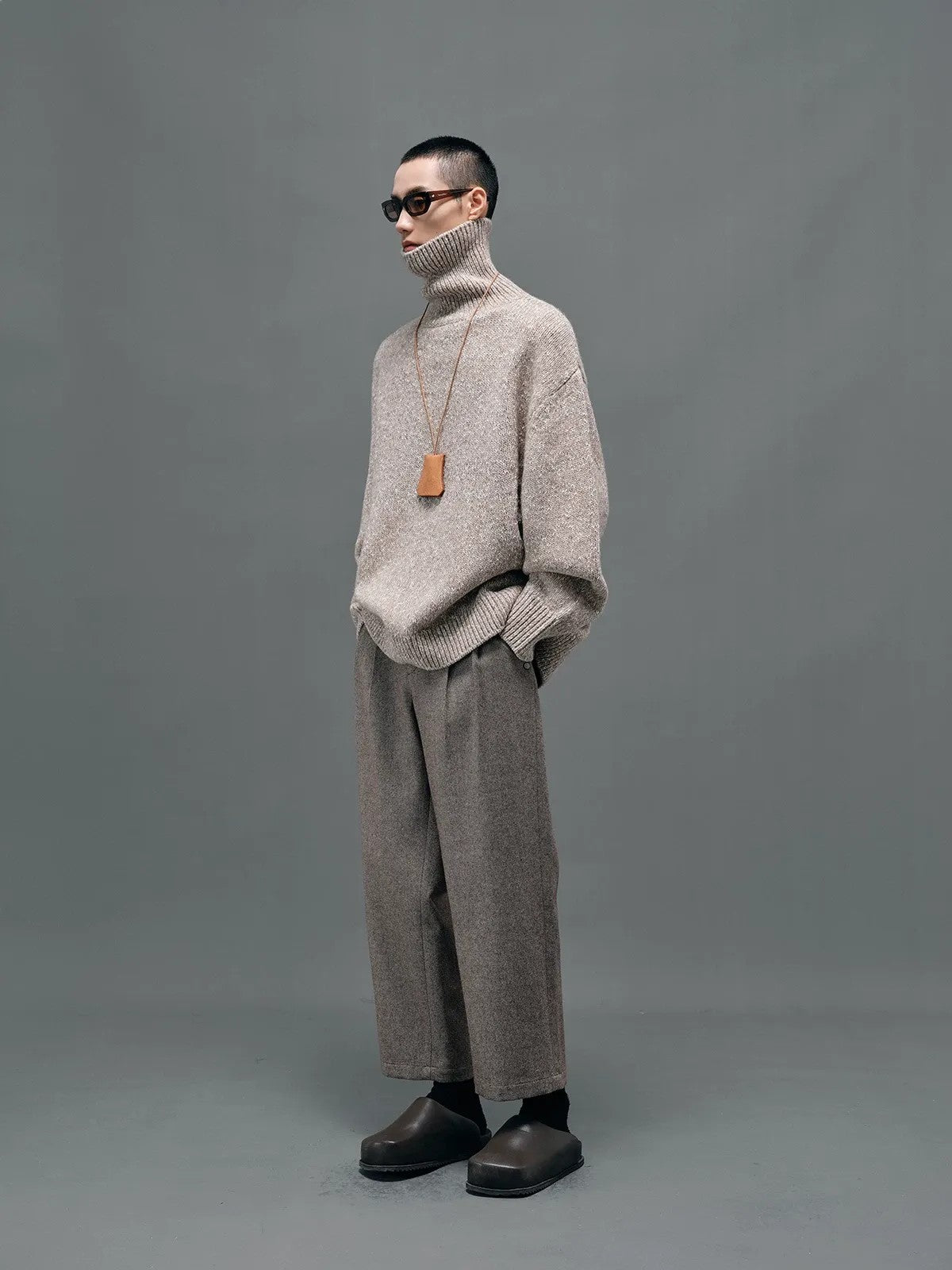 NANS Double Pleated Wool Blend Trousers in Beige - On Model