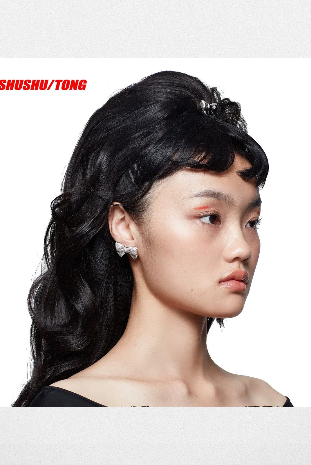 SHUSHU/TONG Crystal Pav Bow Earrings in Silver - On Model
