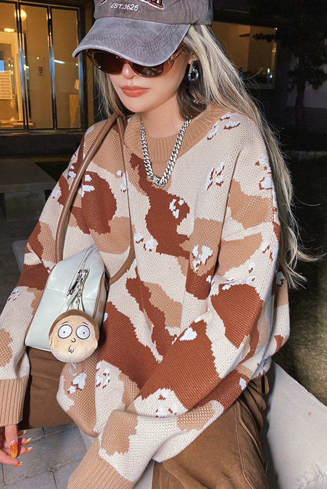 BeerBro Oversized Camo Knit Sweater in Beige