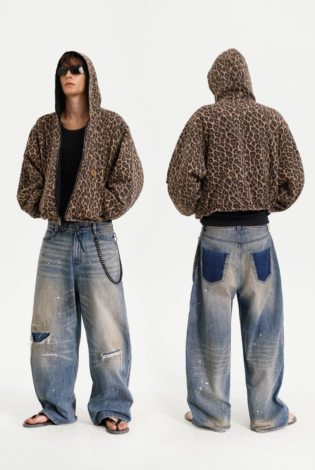 MasonPrince Reversible Leopard Hooded Jacket in Black - On Model