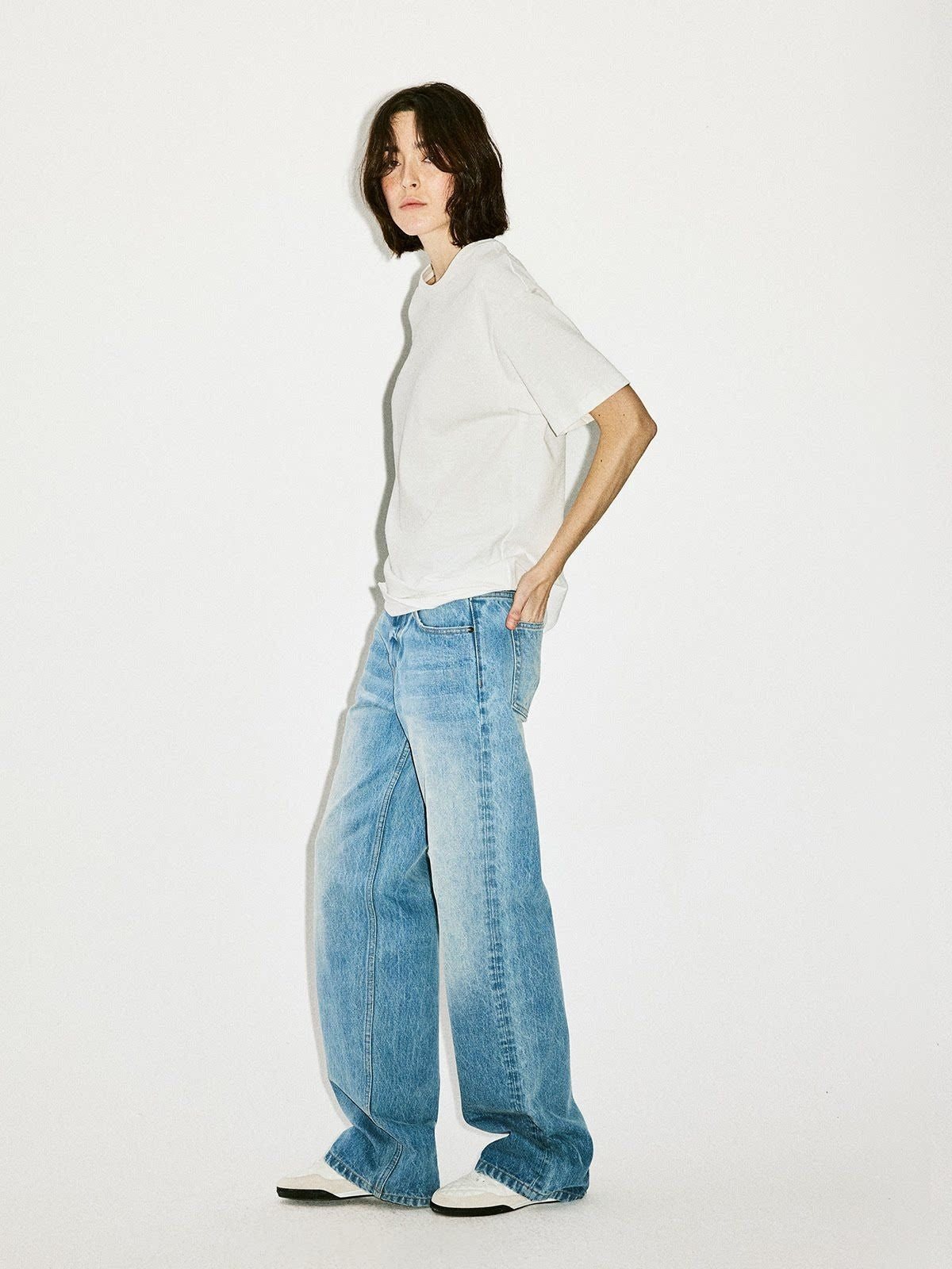 alright then Faded Mid Low Rise Straight Jeans in Blue - On Model