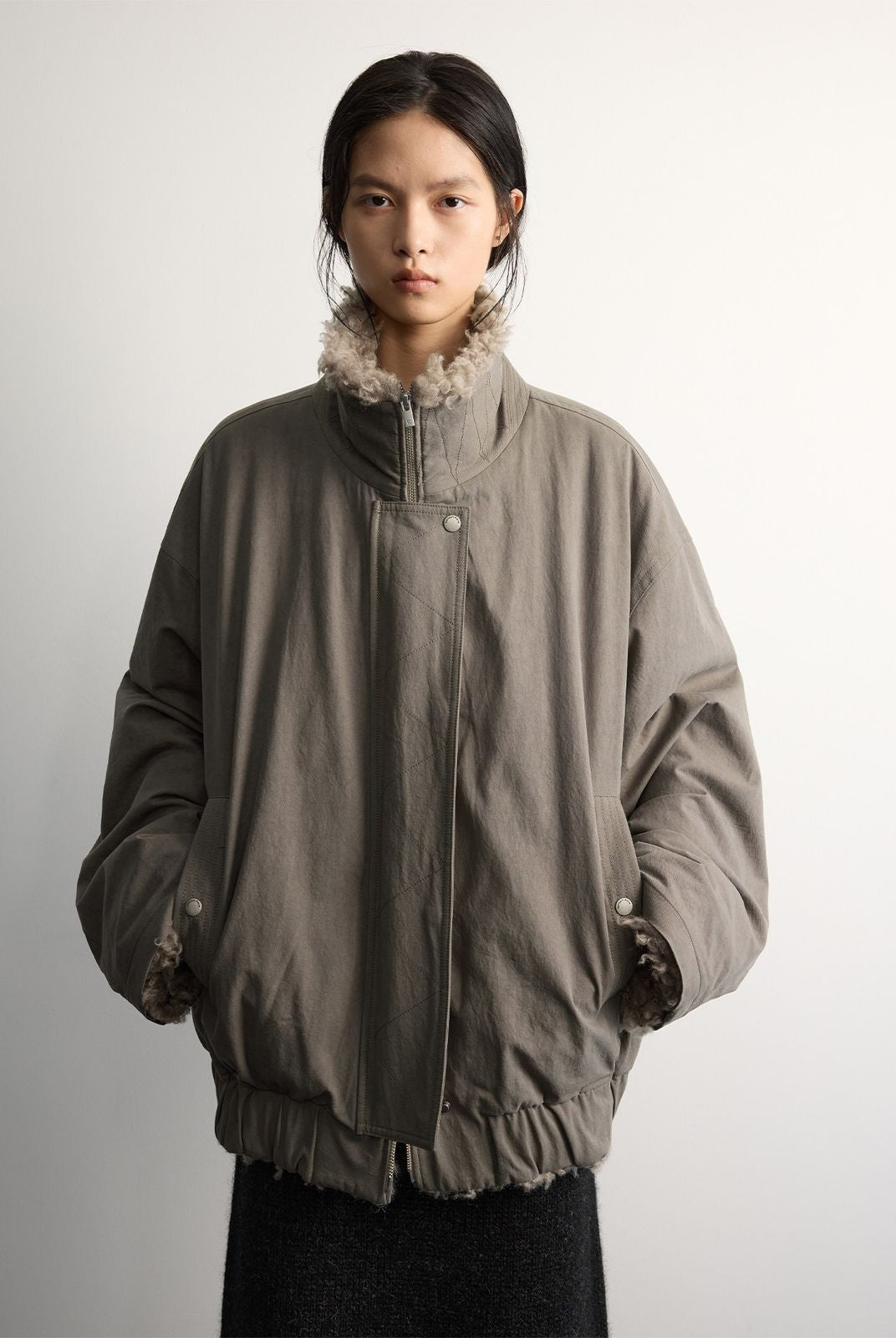 RandomPiece Washed Cotton Wool Padded Jacket in Olive - On Model
