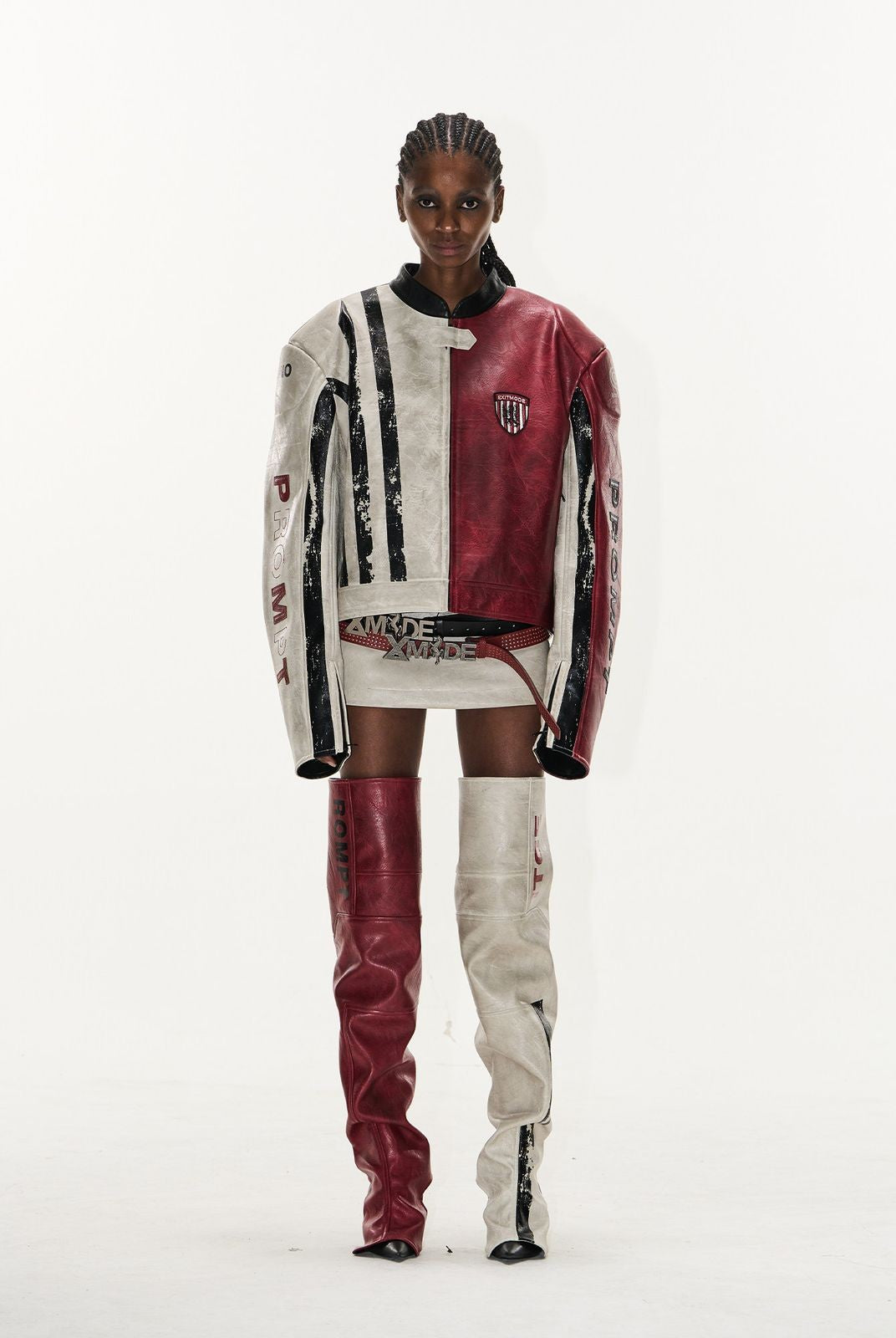 BLINDNOPLAN Distressed Faux Leather Racer Jacket in White - On Model