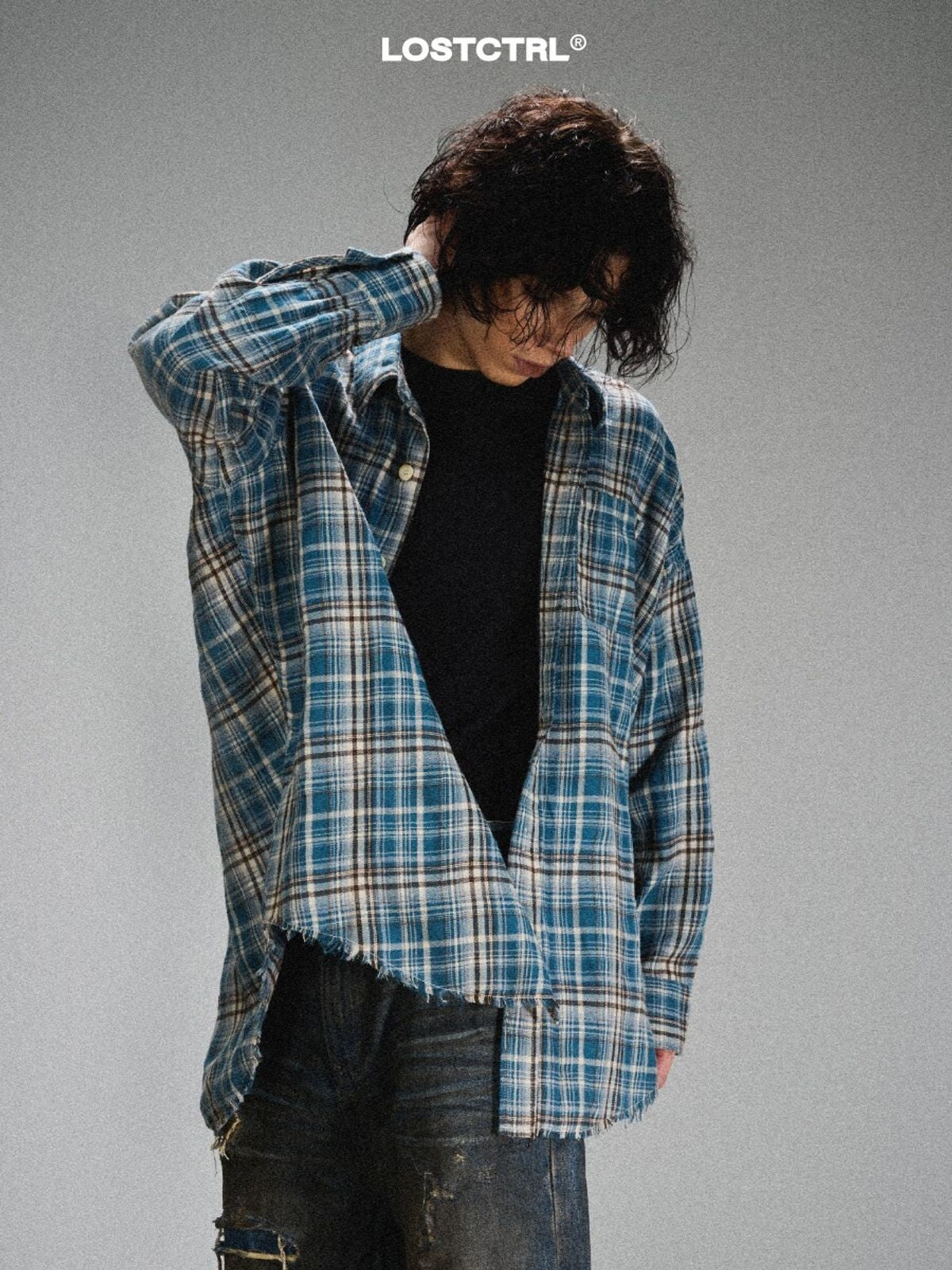 LOSTCTRL Raw Hem Plaid Shirt in Blue - On Model