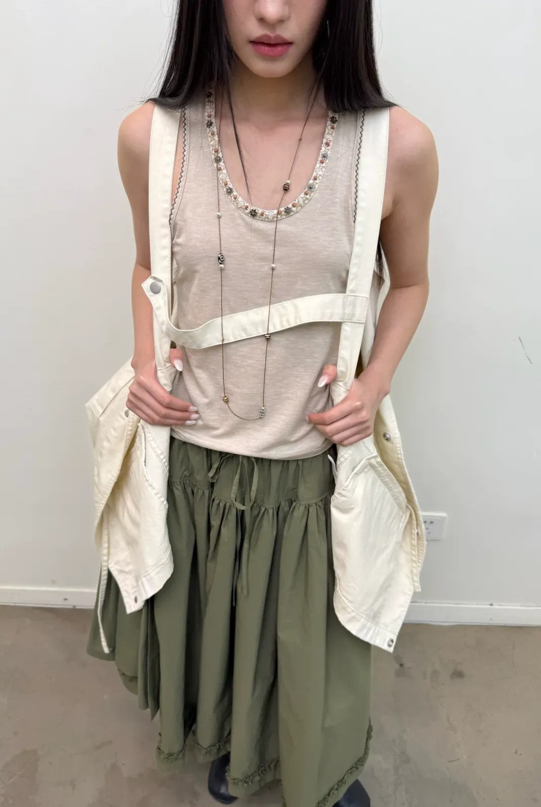 NeverSeez Beaded Lyocell Wool Tank Top in Khaki - On Model