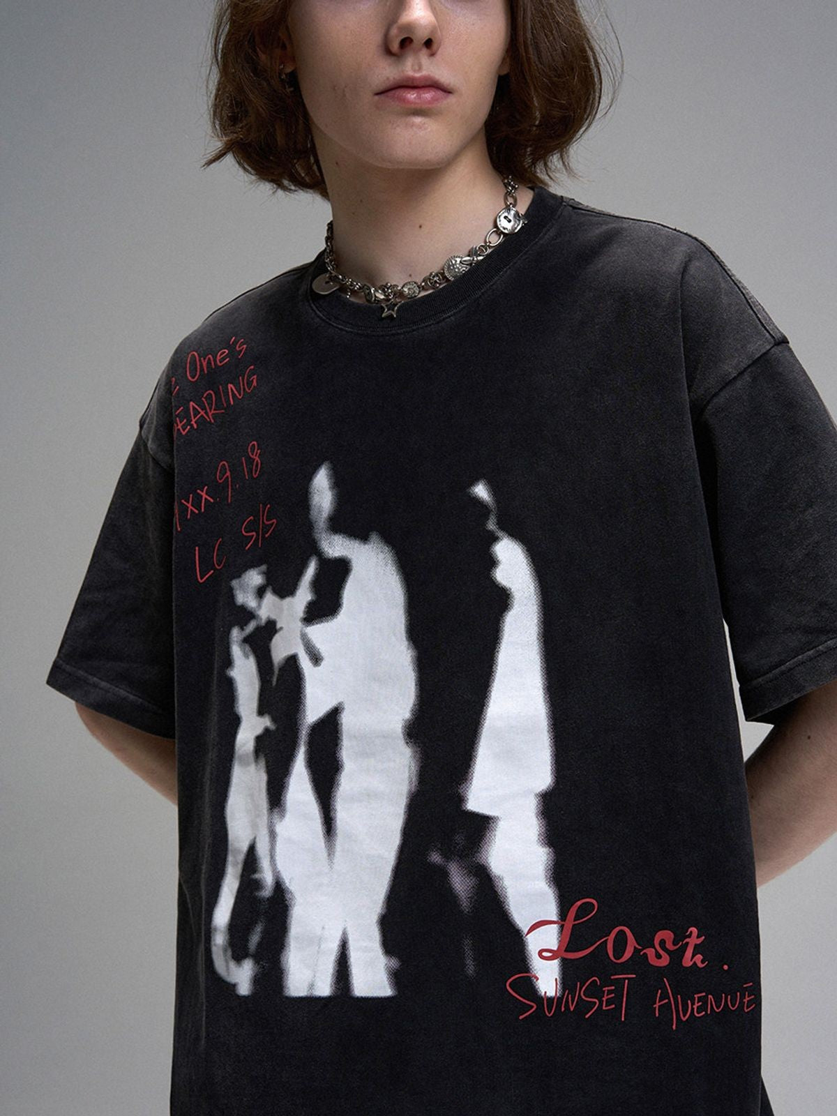 LOSTCTRL Mohe Ballroom Washed Graphic Tee in Black - On Female Model