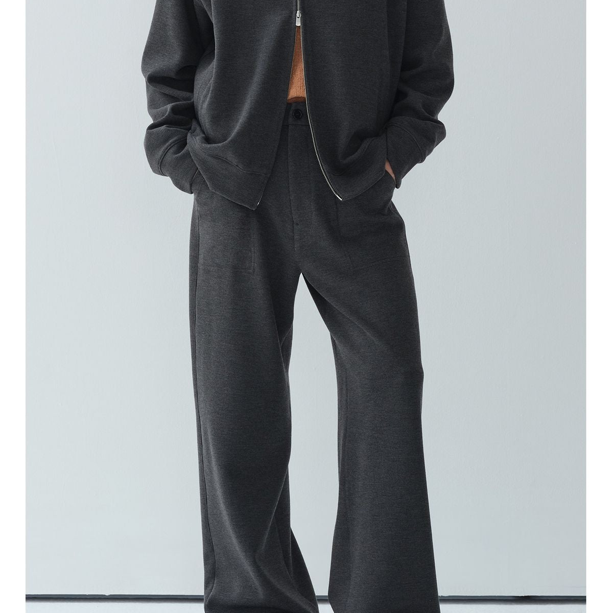 ROYA Wool Blend Semi Elastic Knit Trousers in Gray - On Female Model