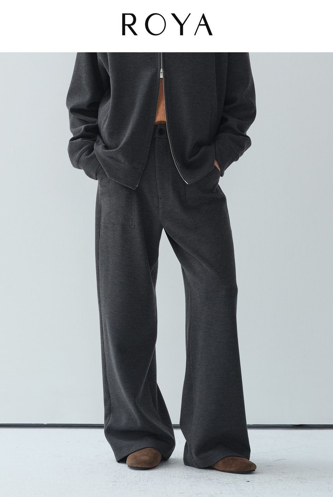 ROYA Wool Blend Semi Elastic Knit Trousers in Gray - On Female Model